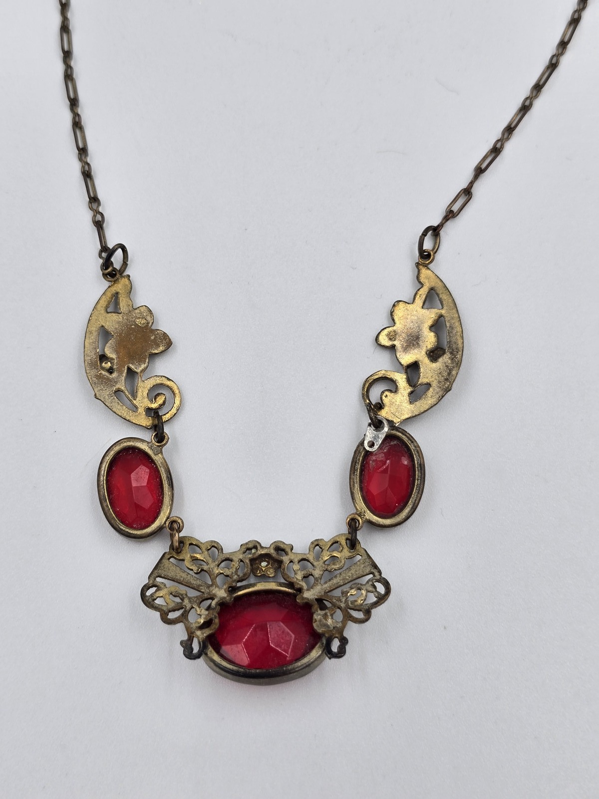 Antique Brass Filigree Necklace Red Glass Stones Art Deco Nouveau Style