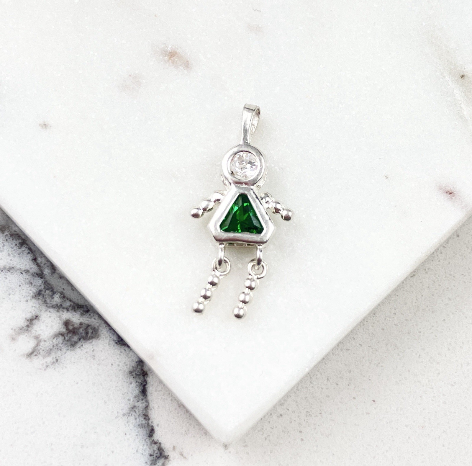 Vintage 925 Sterling Silver Green Emerald Glass May Girl Birthstone Charm