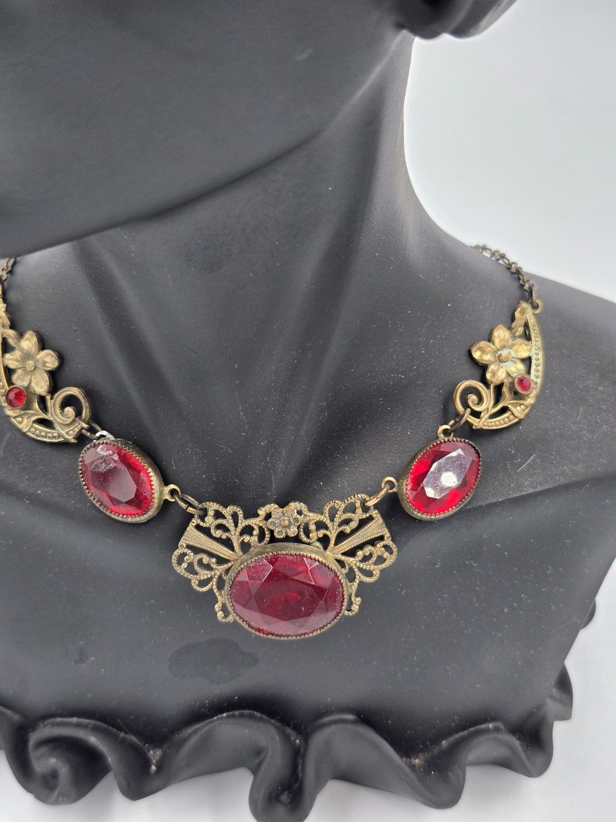 Antique Brass Filigree Necklace Red Glass Stones Art Deco Nouveau Style