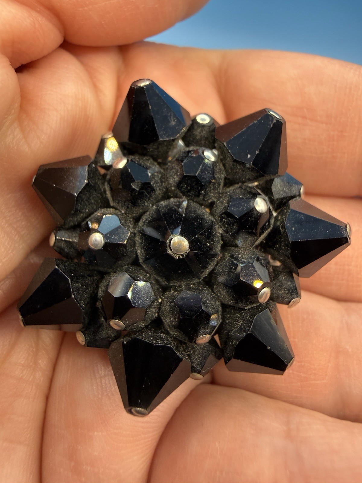 Vintage Black Faceted Glass Flower Star Pin Brooch 1 1/2 inches Across