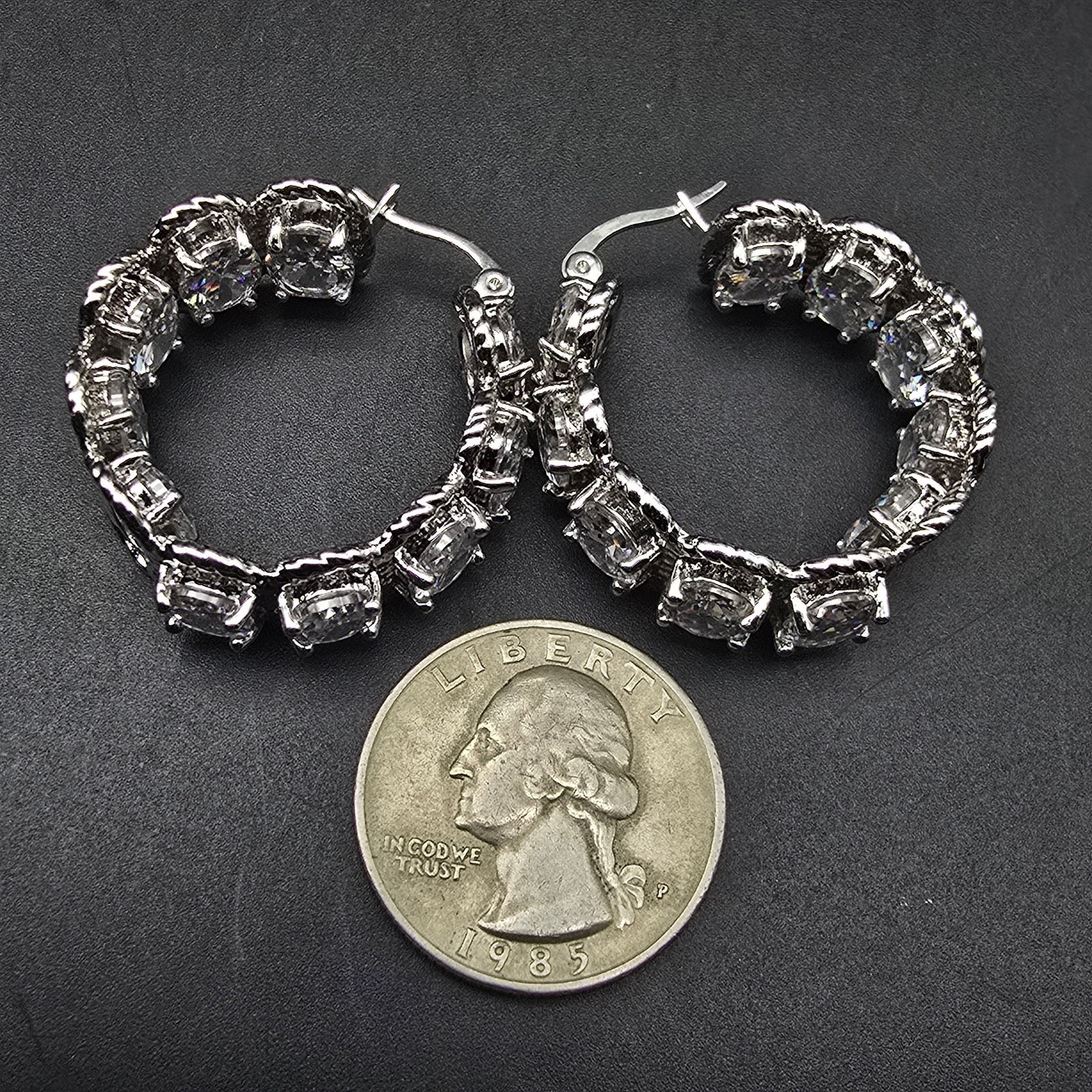 Clear Glass Rhinestone Hoop Earrings Silver Tone Thailand