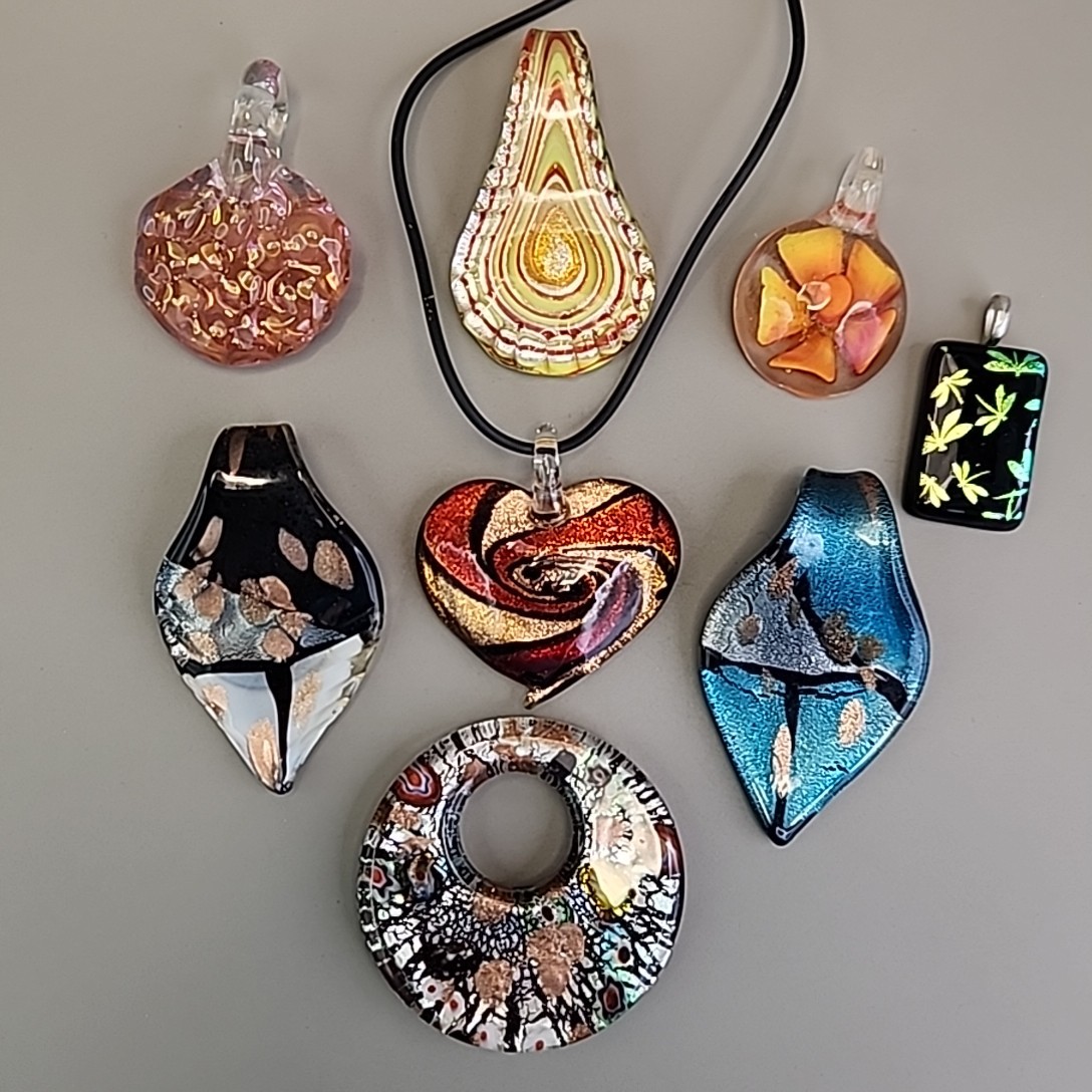 Vintage Glass Pendant Lot of 8 Red Artisan Foiled Fused One Cord