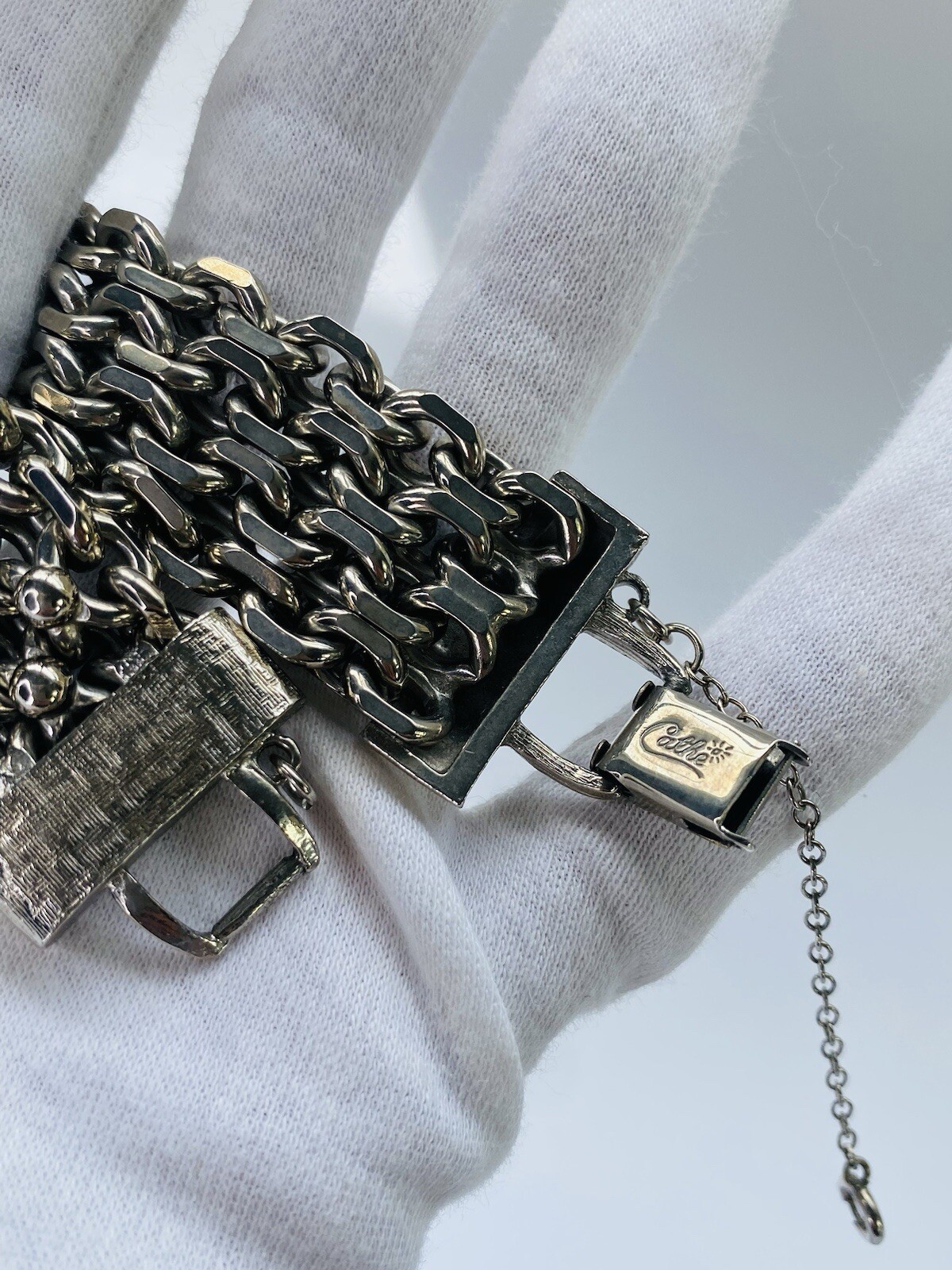 Vintage Cathé Cathe Chunky Silver Tone Heavy Brutalist Ball & Chain Bracelet