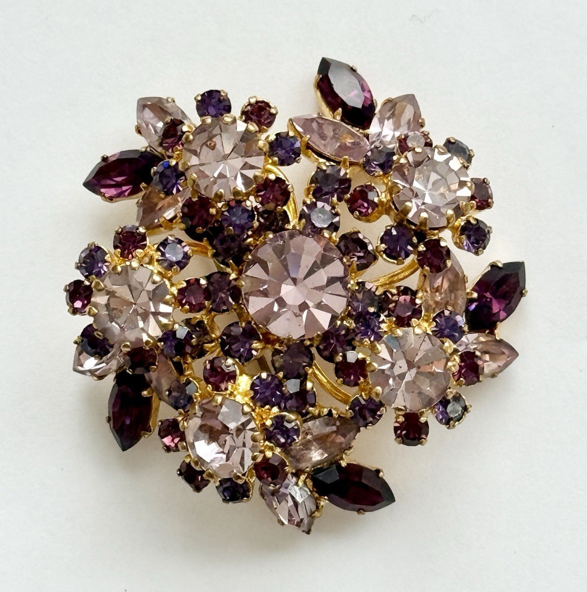 Vintage Signed Austria Gold Tone Flower Purple & Rhinestones Stardust Brooch