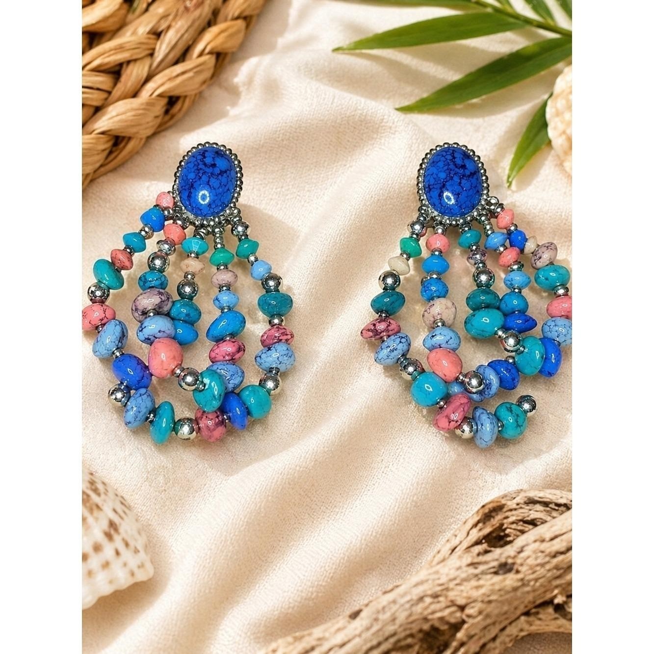 Vintage Colorful Faux Stone Bead Loop Earrings Statement Dangle Post Earrings