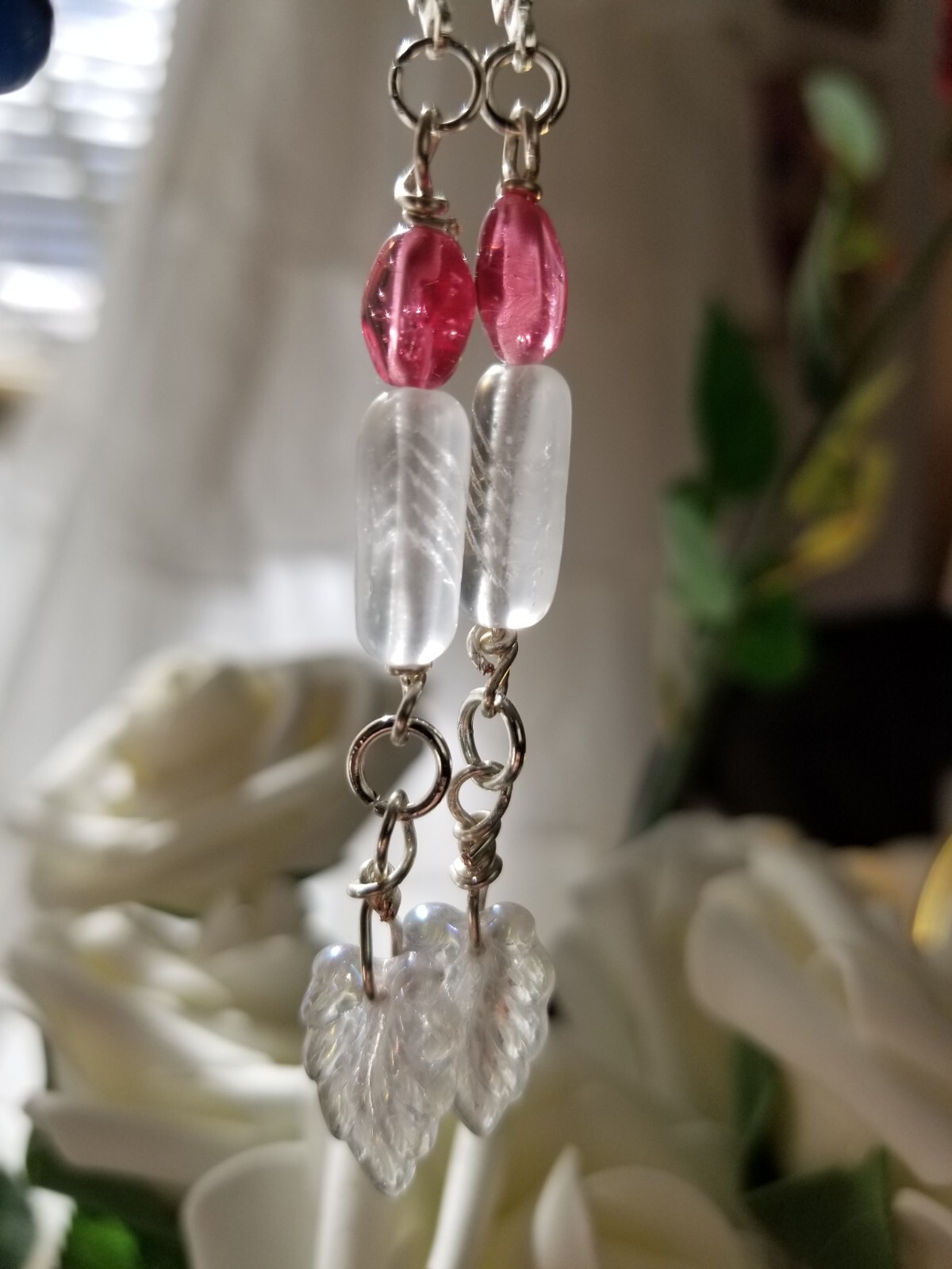 Carved frosted quartz lozenge an leaf 80 yrs. beads Japan fushia drop earrings