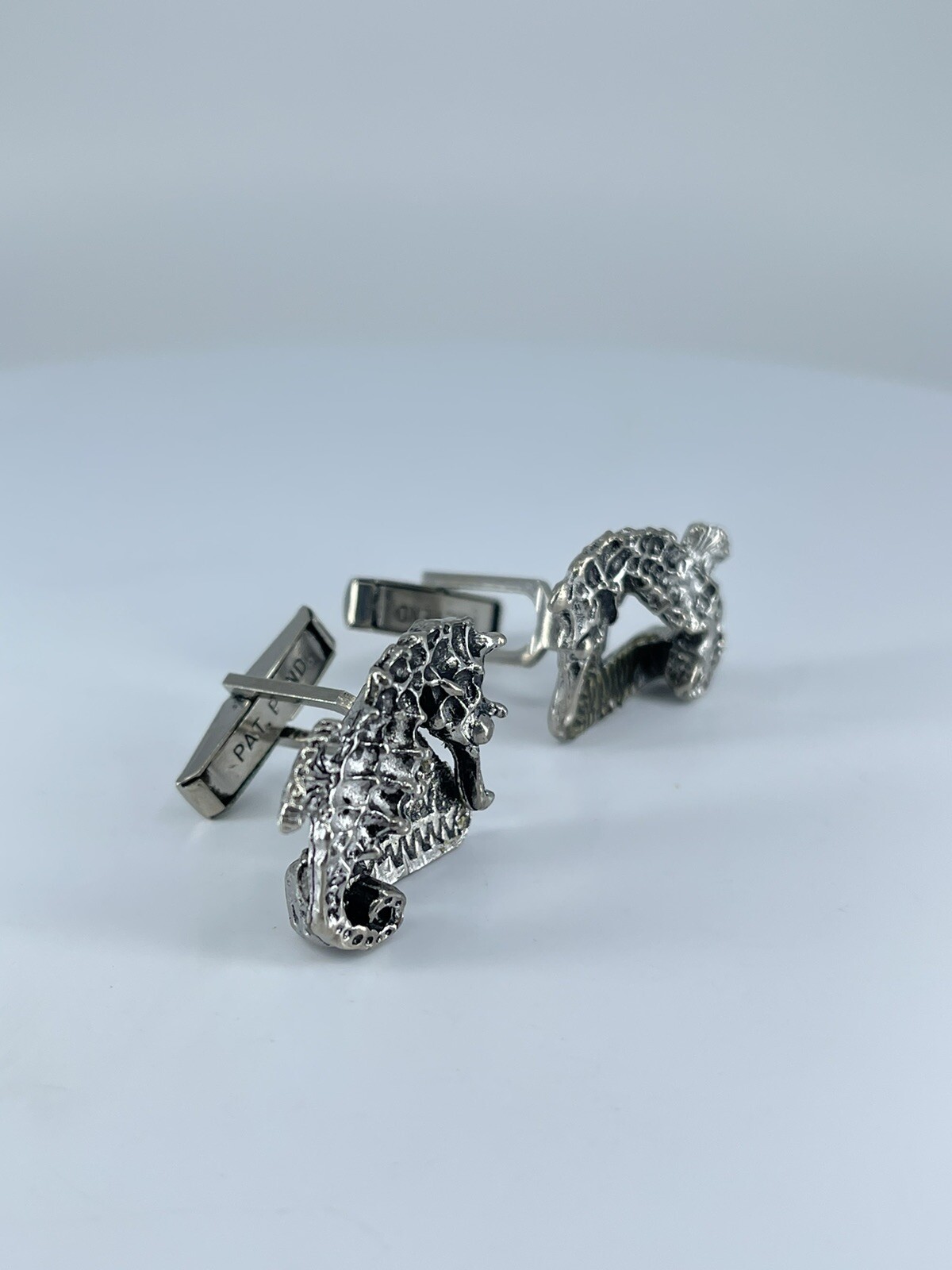 Vintage Seahorse cufflinks silver tone with black enamel accents 1-1/8″
