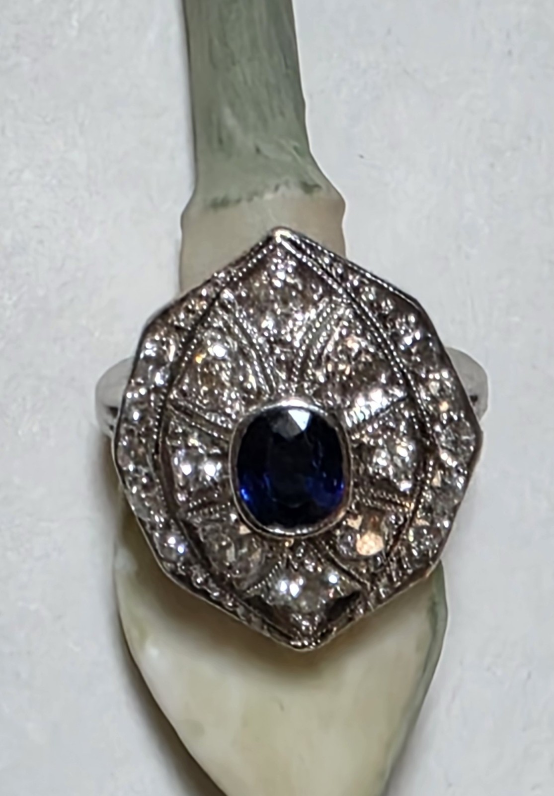 Antique Platinum Old European And Mine Cut Diamonds Blue Synthetic Sapphire Ring
