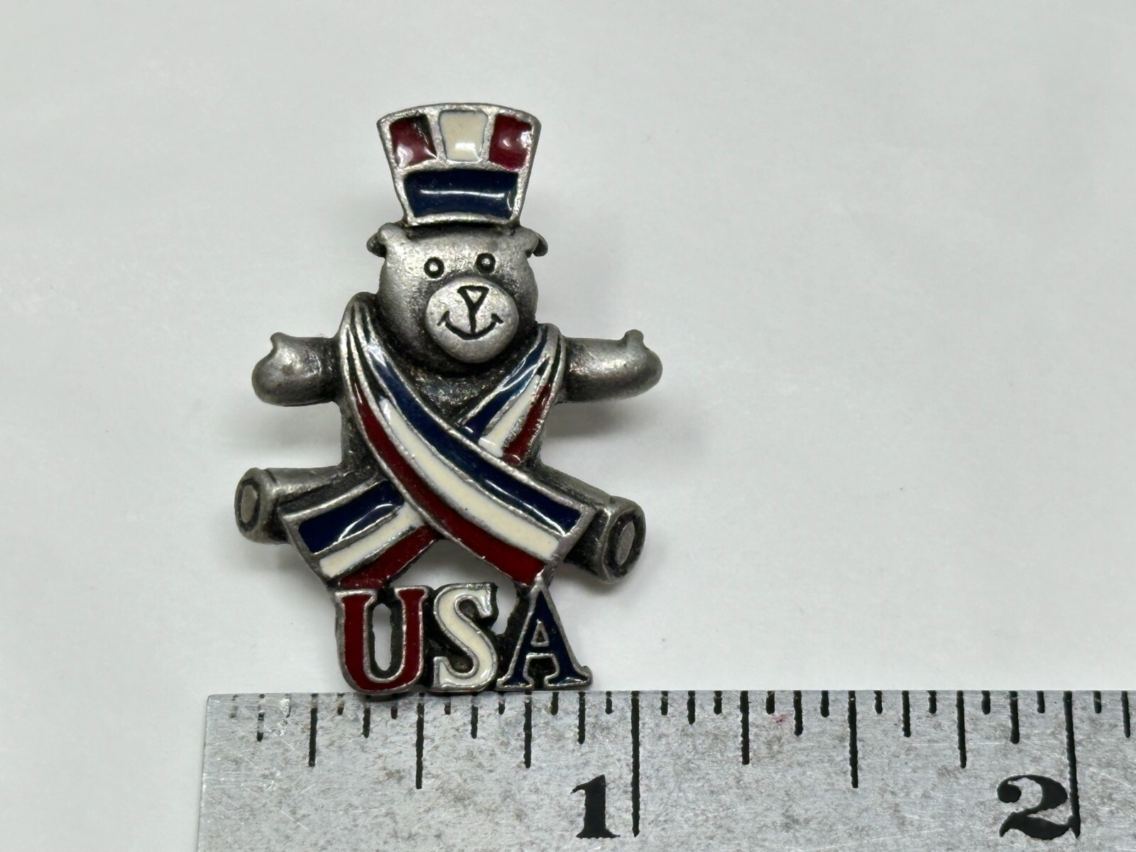 Vintage Ballet Pewter Red White Blue Enamel Patriotic USA Teddy Bear Lapel Pin