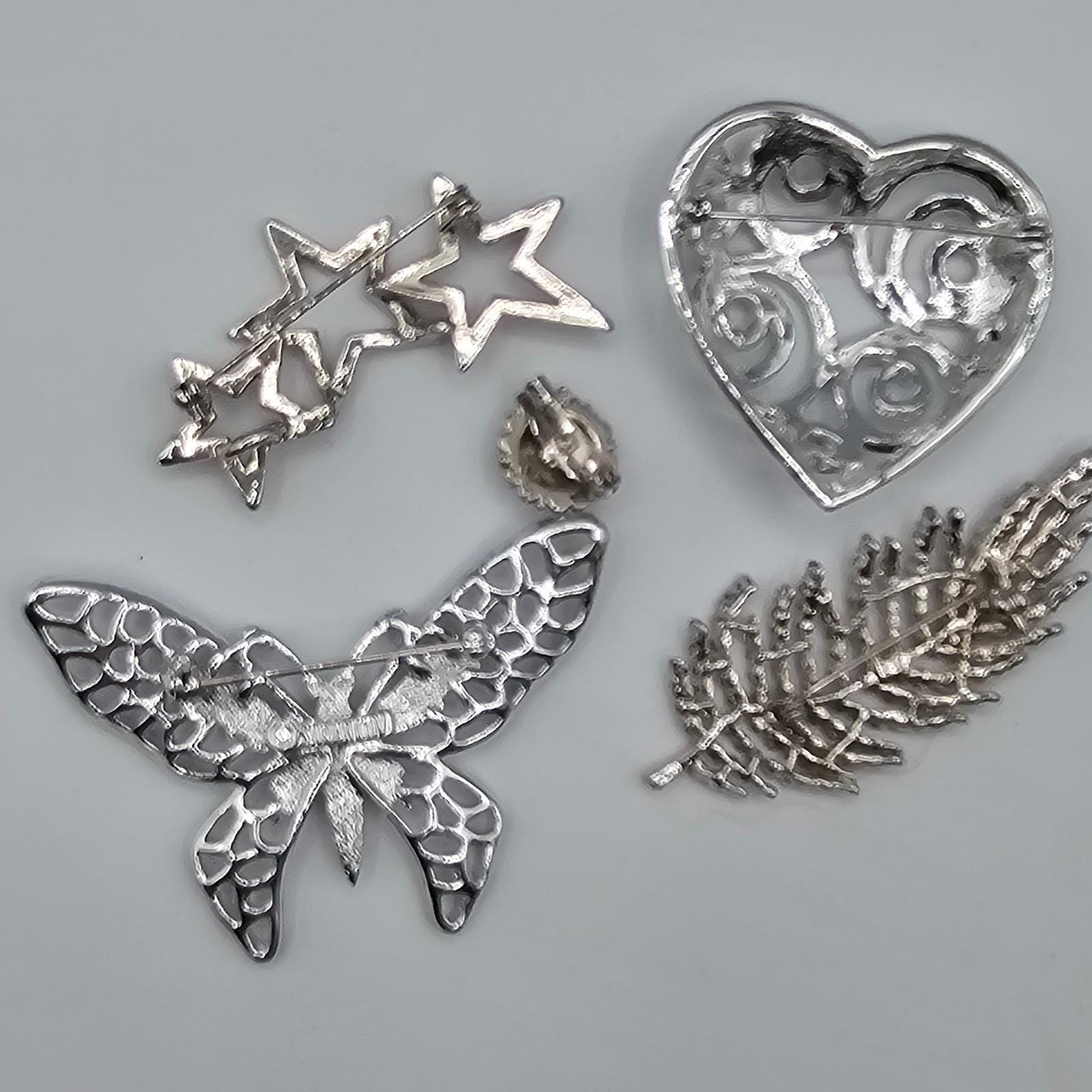 Vtg Silver Tone Brooch Pin Lot Butterfly Stars Heart Feather Rhinestone Sparkle