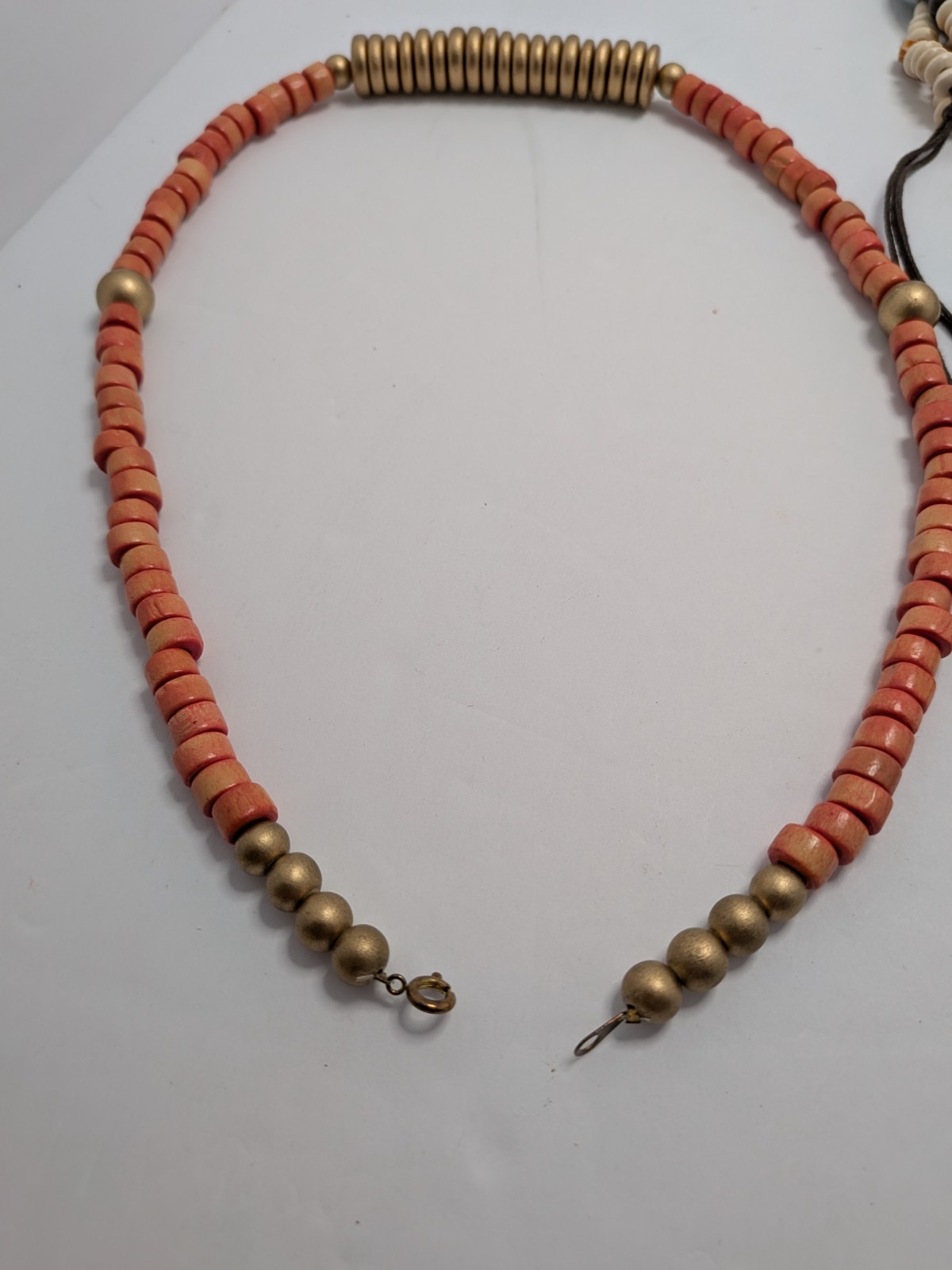 4 Vintage Wooden Beaded Necklaces Various Lengths, Brown, Peach, & Gold Colors