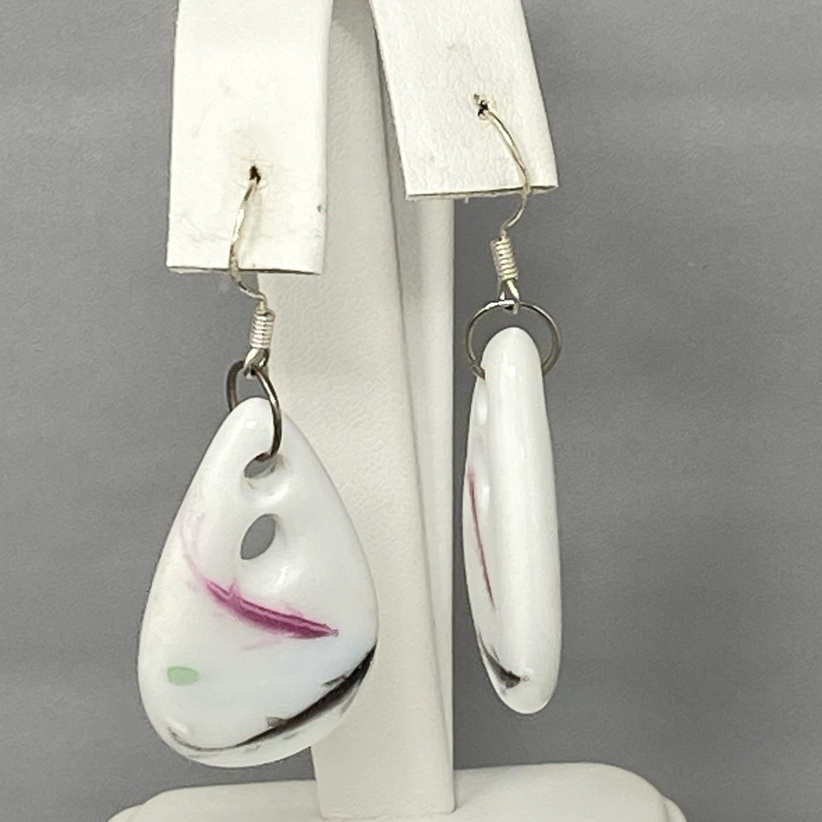 White Glass Bead Earrings Pink Black Splatter Teardrop Pierced Dangle Drop Hook