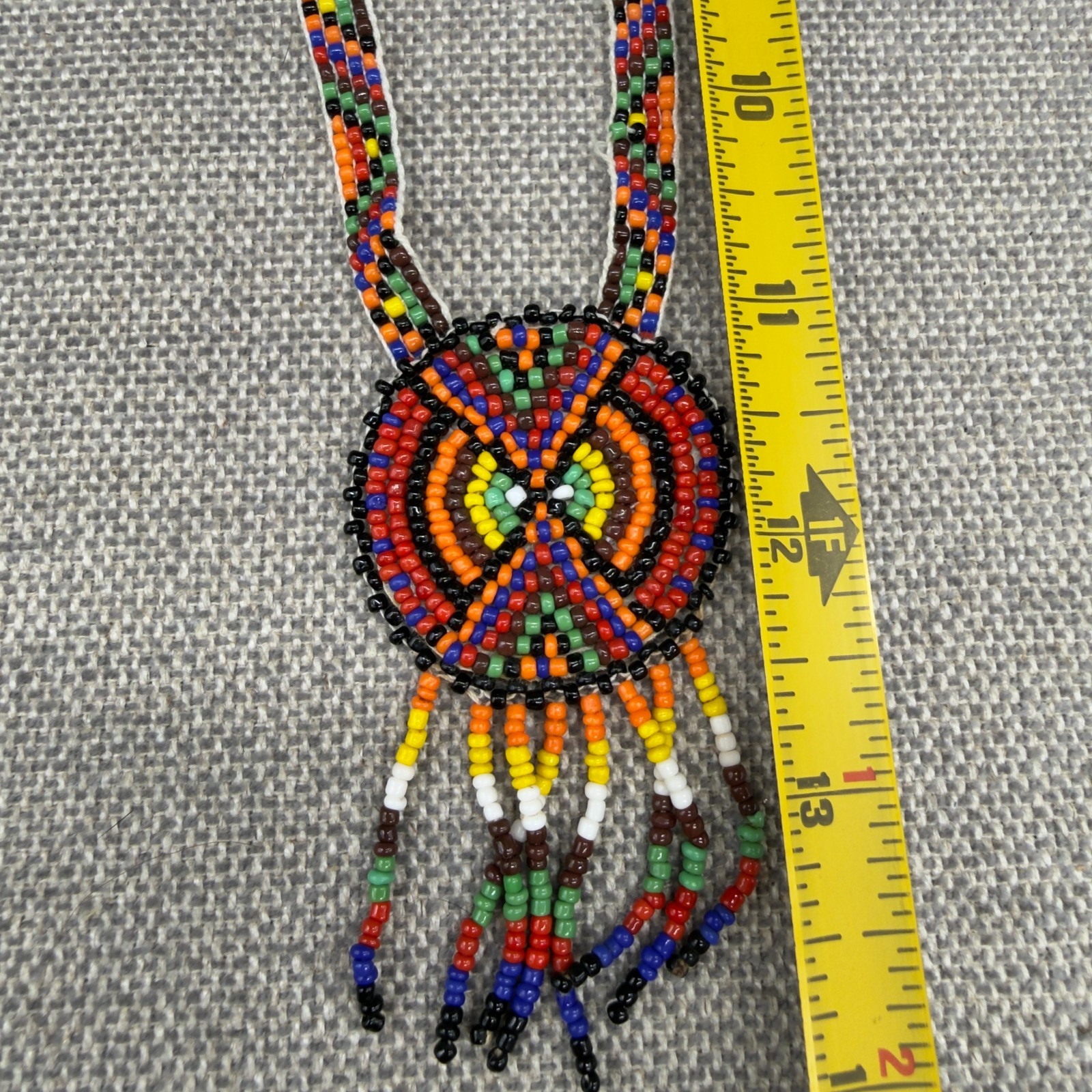 Vintage Necklace Colorful Seed Beads Leather Backed Pendant 22 Inches Southwest