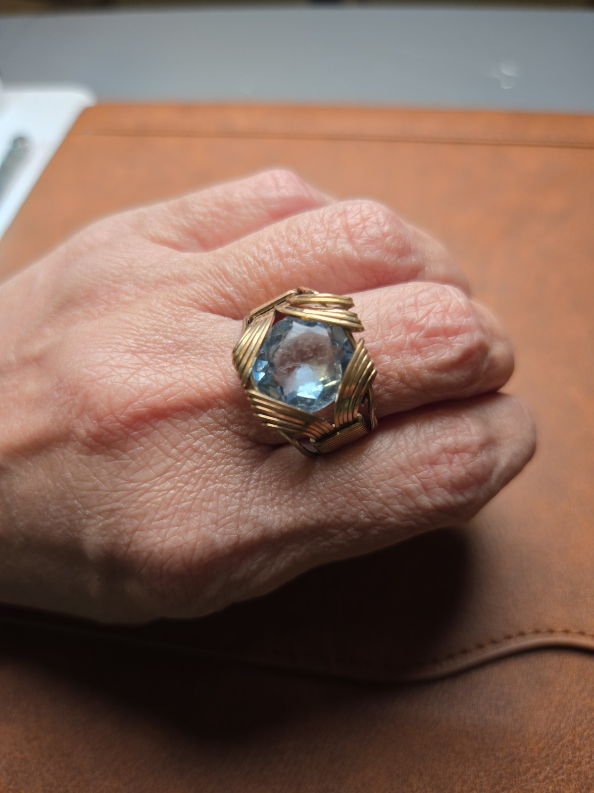 Art Deco Style Gold (Untested) Wire Ring Large Blue Glass Stone