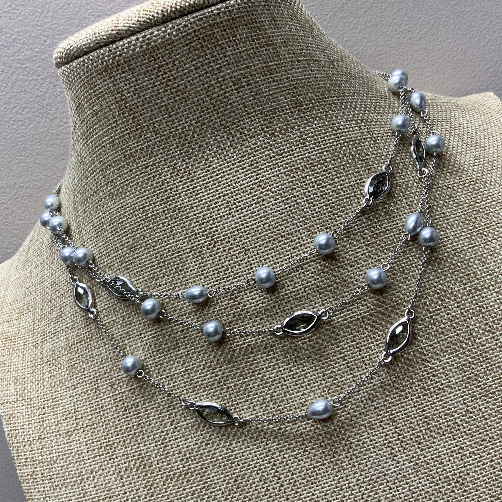 Modern signed MONET gray pearl and bezel rhinestone multi-strand necklace