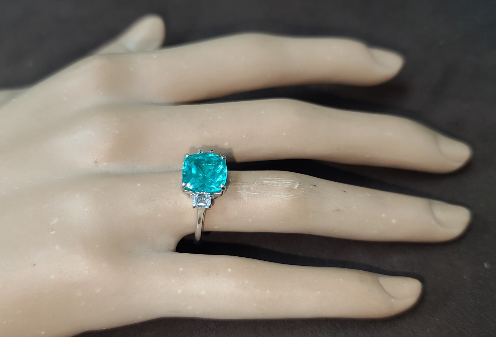 14k White Gold Engagement Ring 4.75CT. Lab-grown Paraiba Tourmaline Cushion Cut