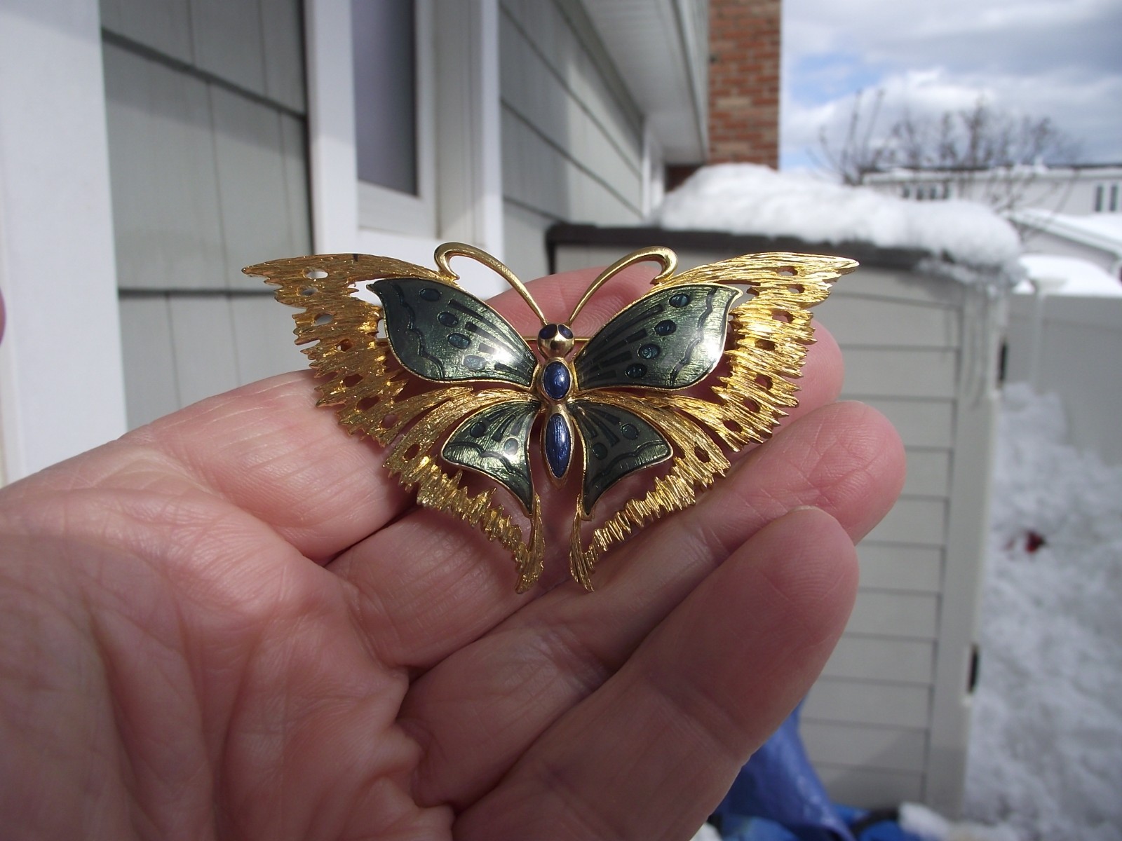 A VINTAGE ORENA PARIS GREEN AND BLUE ENAMEL GOLD TONE BUTTERFLY BROOCH FRANCE