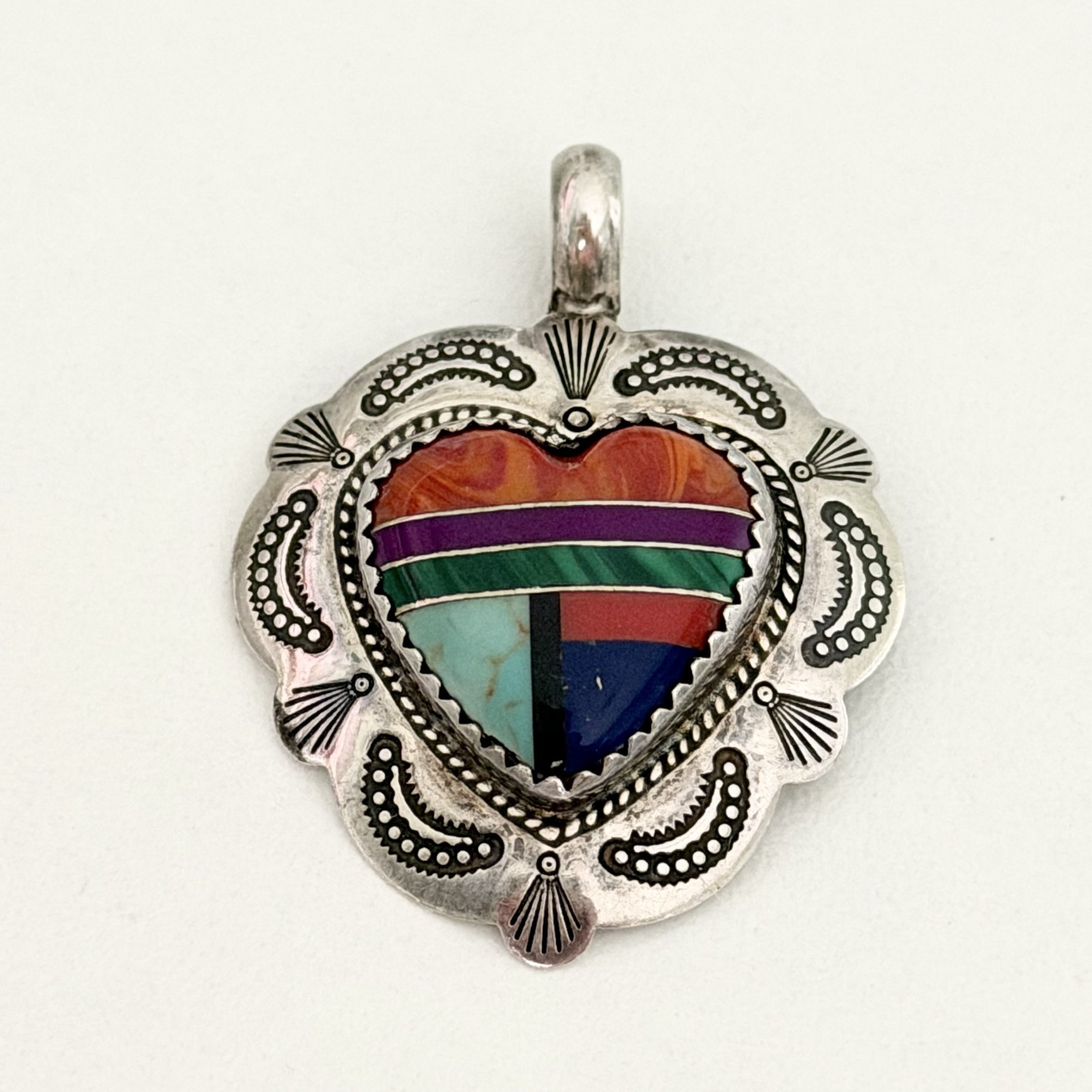 Vintage QT Sterling Native American Multi Gemstone Inlay Heart Southwest Pendant