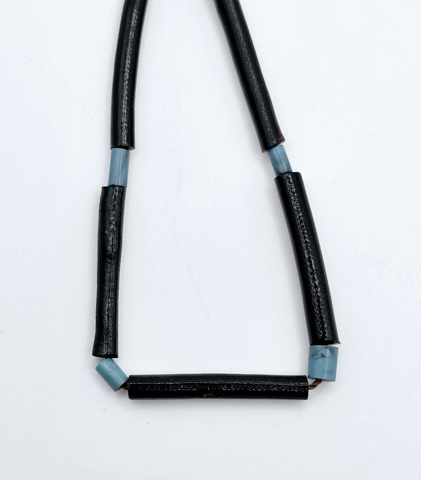 Vintage Black Coral Tube Bead Necklace 17.5″ Blue Glass Spacers Brass Clasp