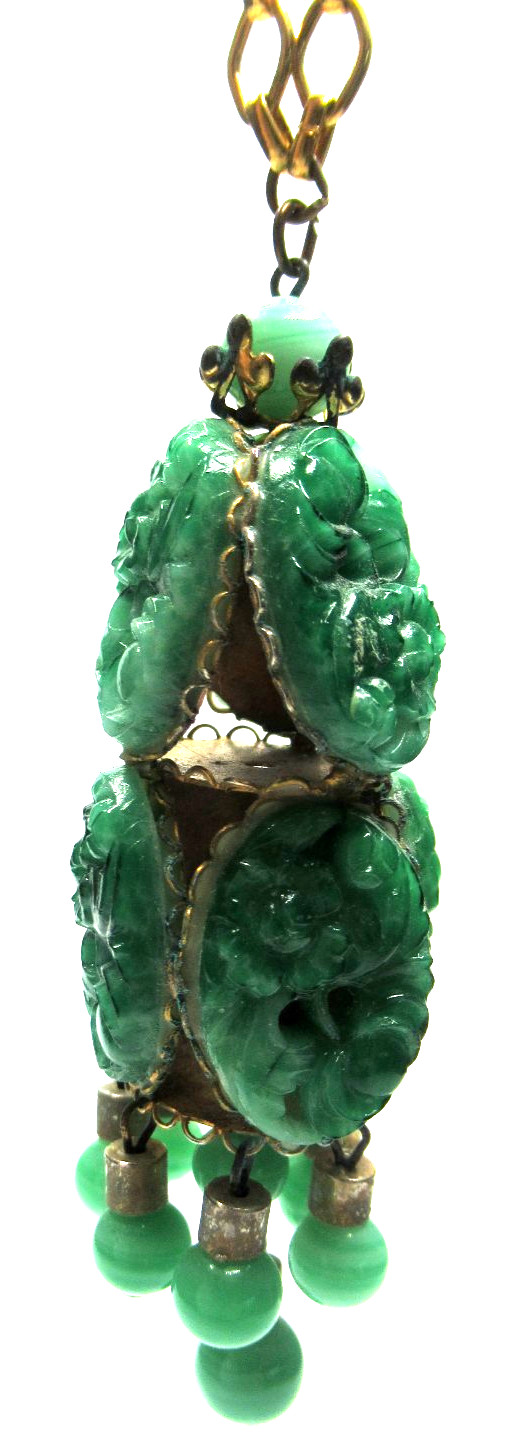 Amazing Carved Peking Green Jade Glass 3 Dimensional Vintage Pendant Necklace