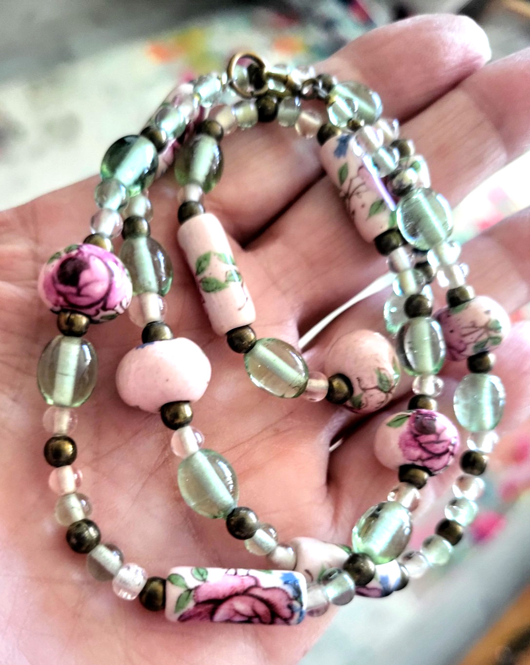 Vintage Cottagecore Sea Green Glass, Brass and Pink Porcelain Rose Bead Necklace