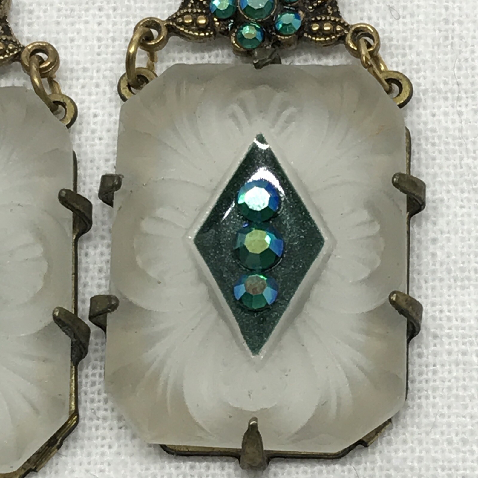 Vintage Glass Works Studio Carved Matte Glass, Crystal Acc & Brass tone Earrings