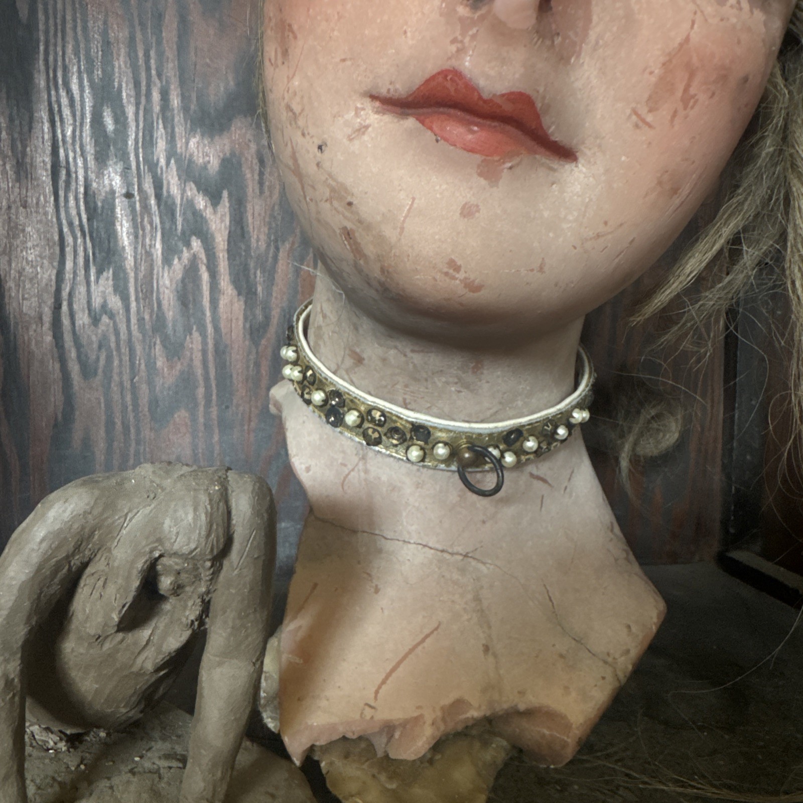 Vintage 1950s Leather & Rhinestone Dog Collar To Be Worn As Choker Necklace
