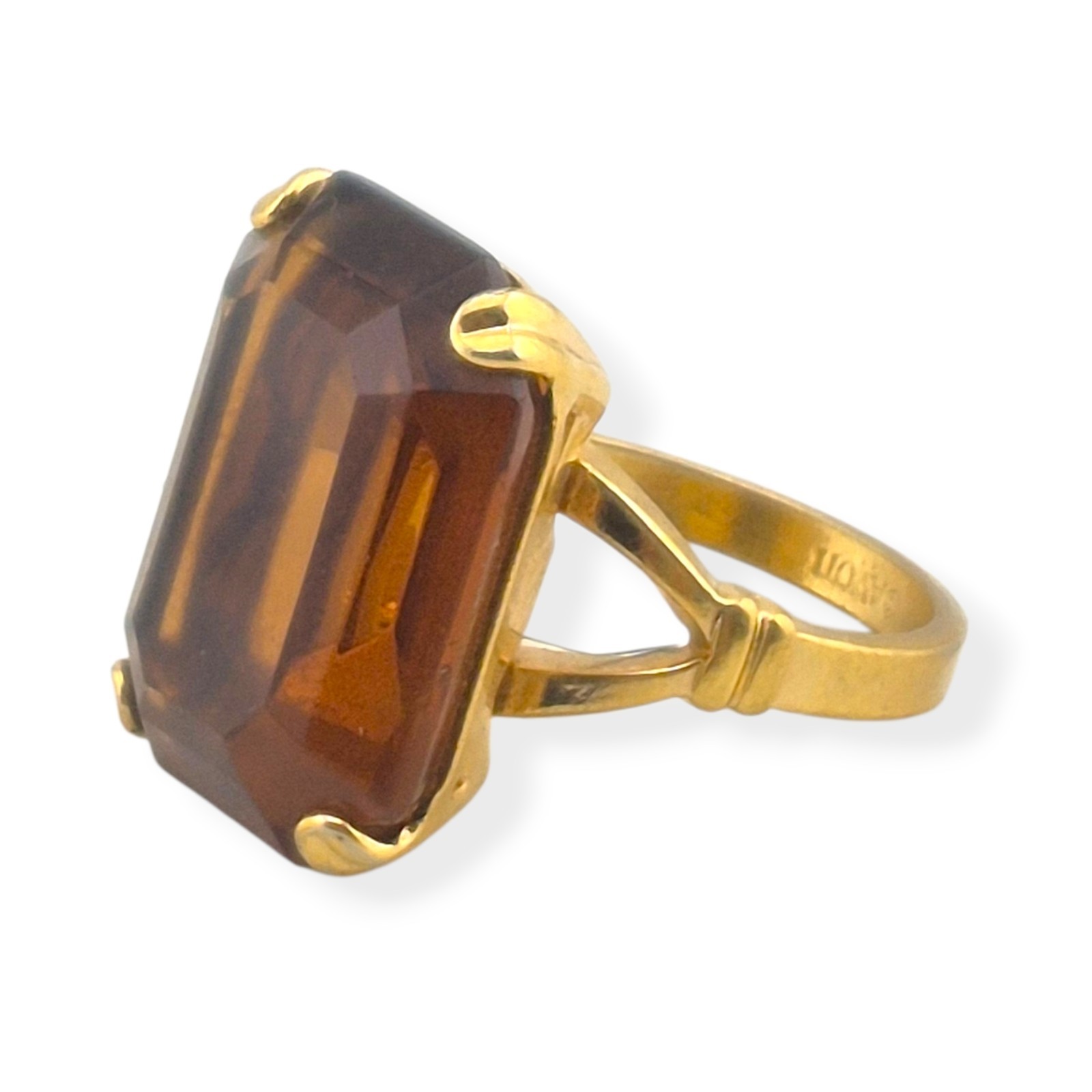 Vintage 1978 Avon Smoky Lustre Ring Emerald Cut Faux Topaz Glass Gold Tone Sz 7