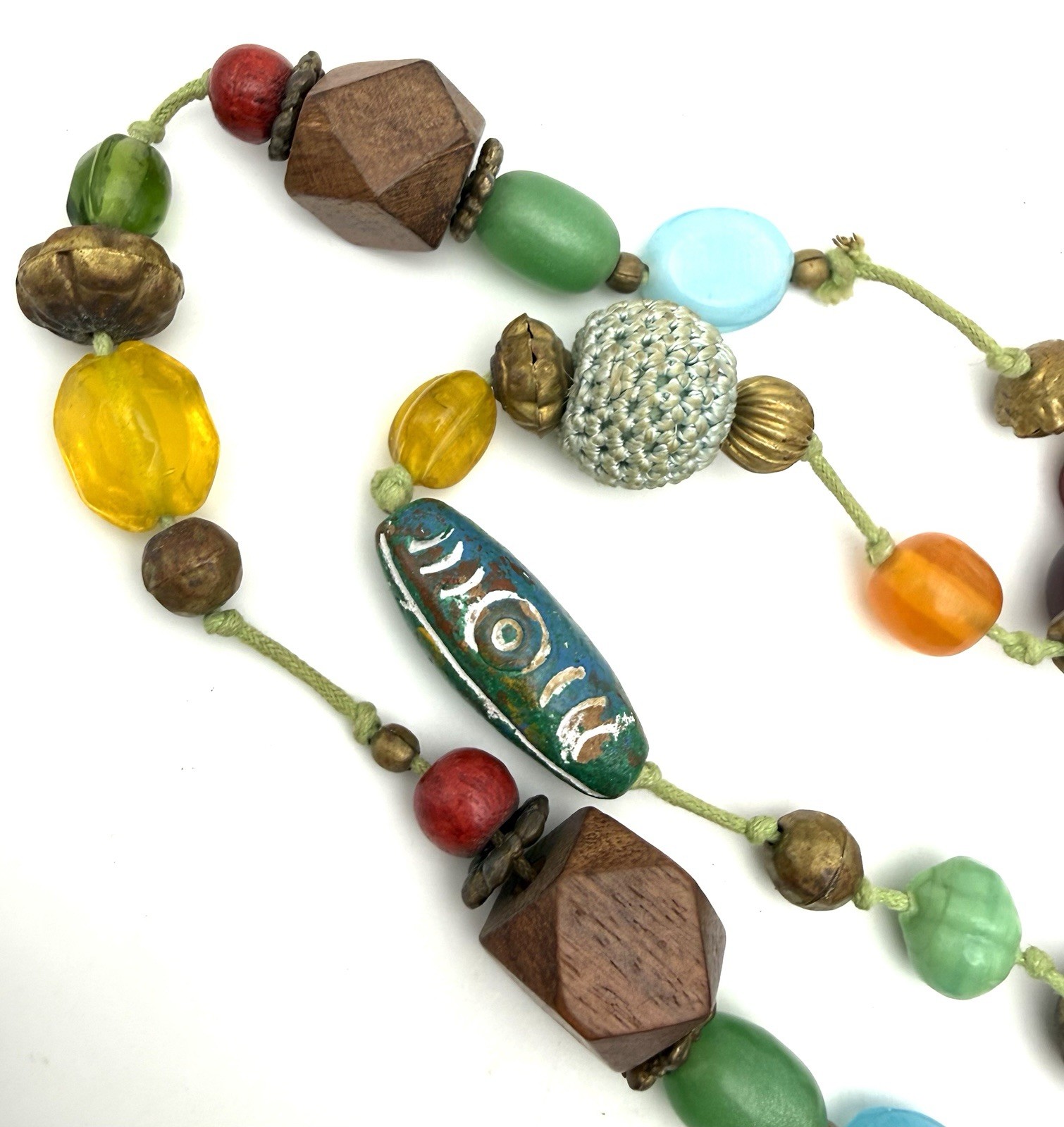Vintage Mix Bead Necklace Knotted Multicolor Glass Crochet Wood Ceramic Metal 60