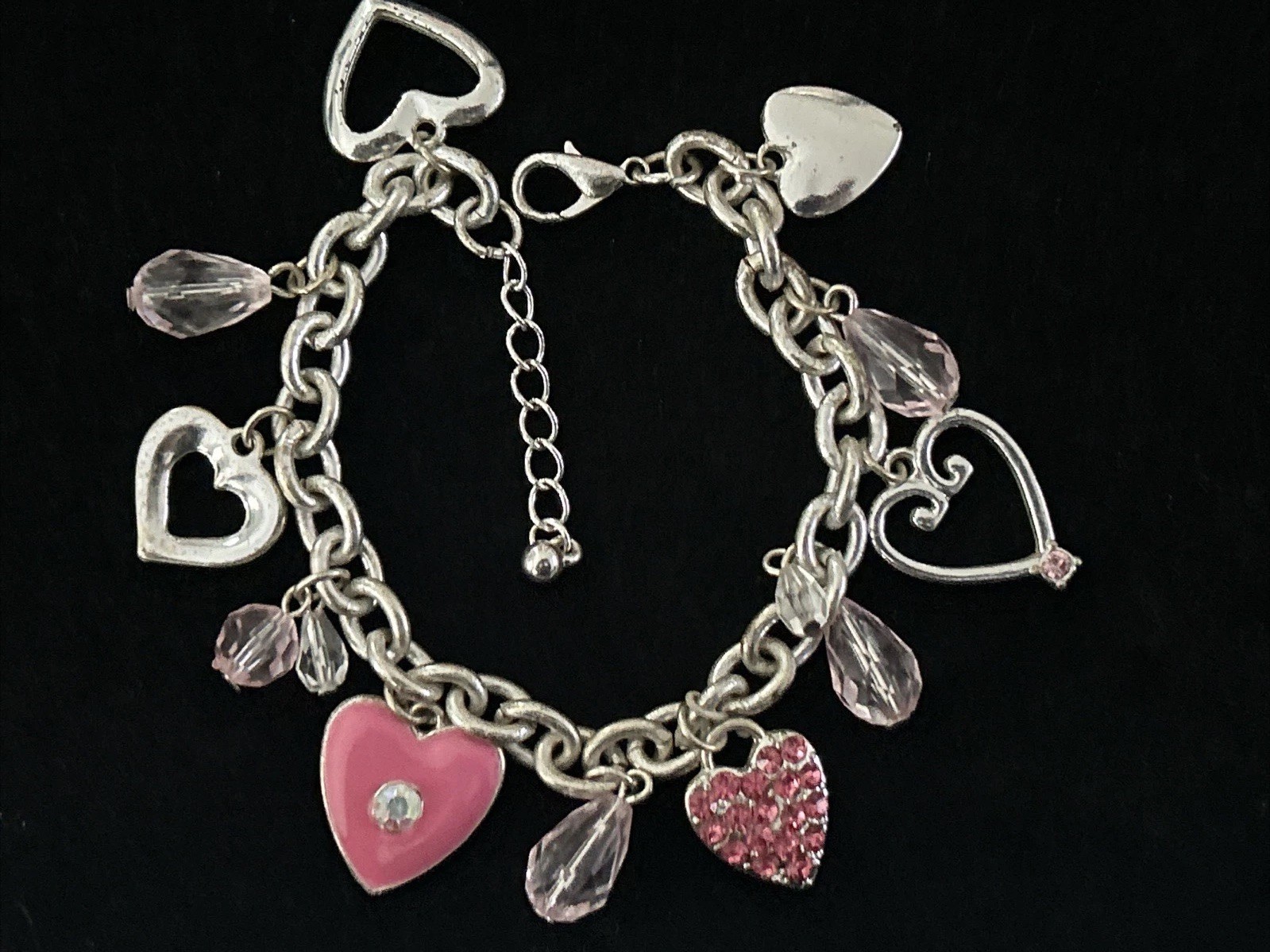 Vintage Silver Tone Heart Charm Bracelet Pink Rhinestone Dangle Lobster 8.5”Adj