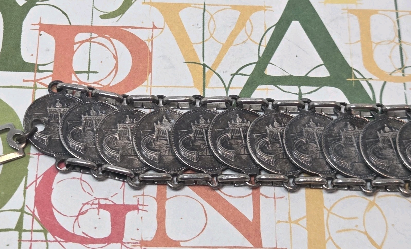 Vtg Roma Italian Coin Souvenir Bracelet Mid Century RomulusRemus St Peters Italy
