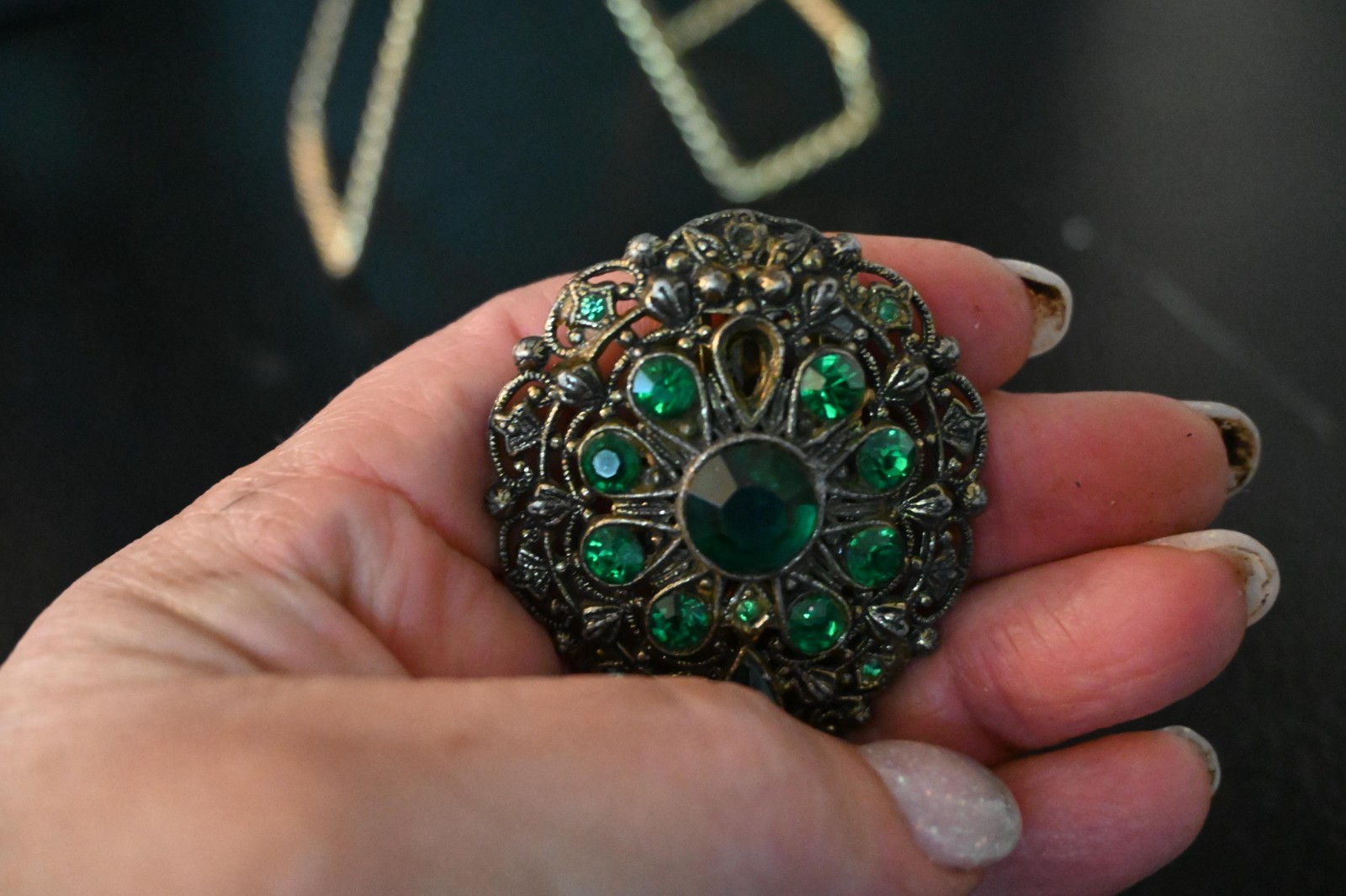 New England Glass Work vtg Brooch Pin Green Rhinestones Filigree Marked Read