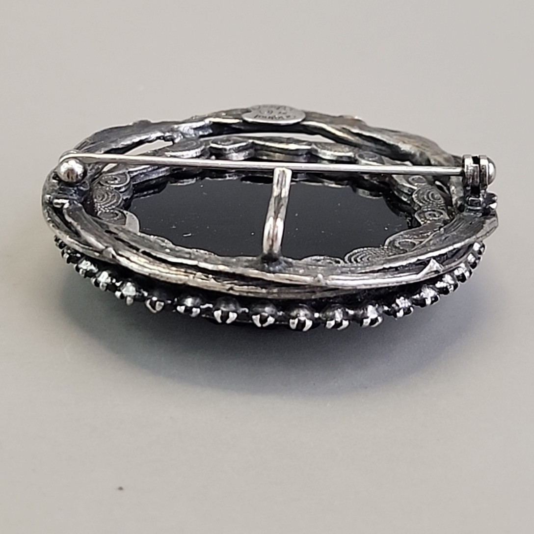 Vintage Original By Robert Cameo Brooch Pendant Black Glass Round Rhinestones 2″