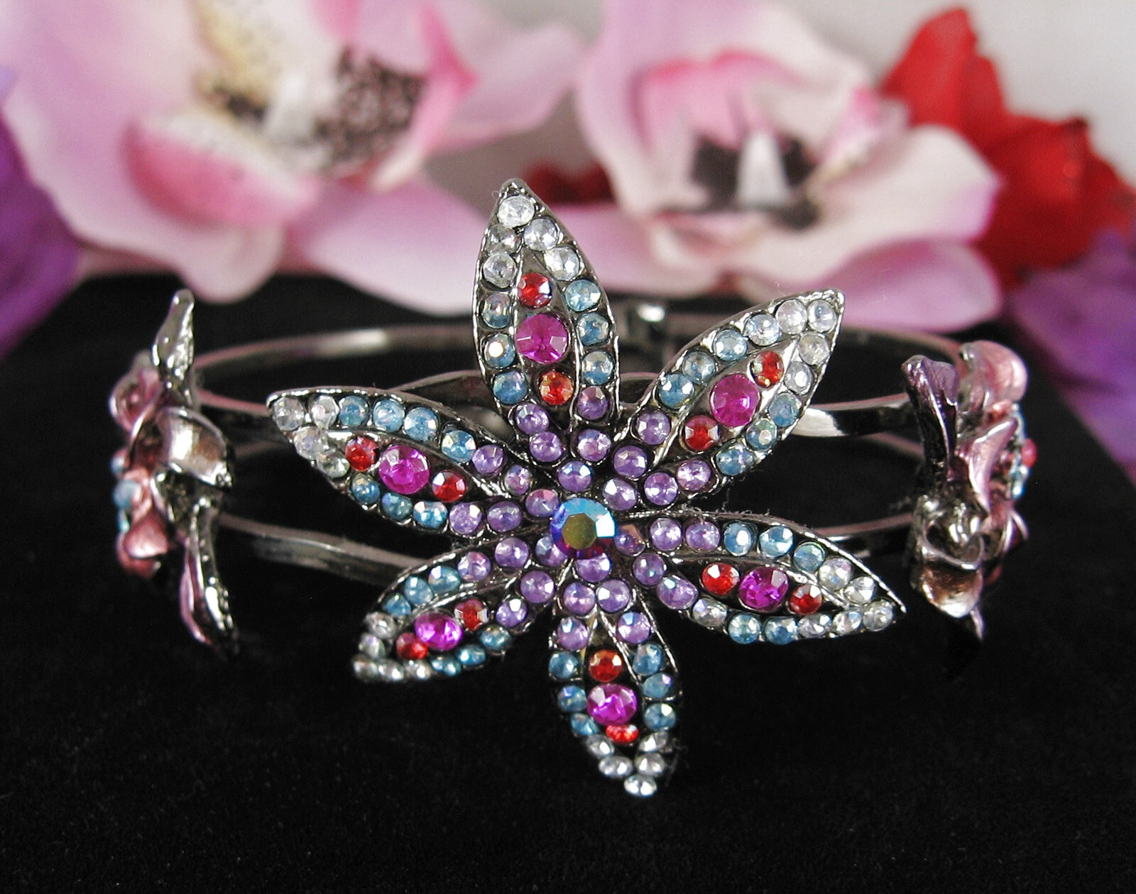 Color RHINESTONE CLAMPER BRACELET Vintage Flowers Pink Purple Gunmetal Gray