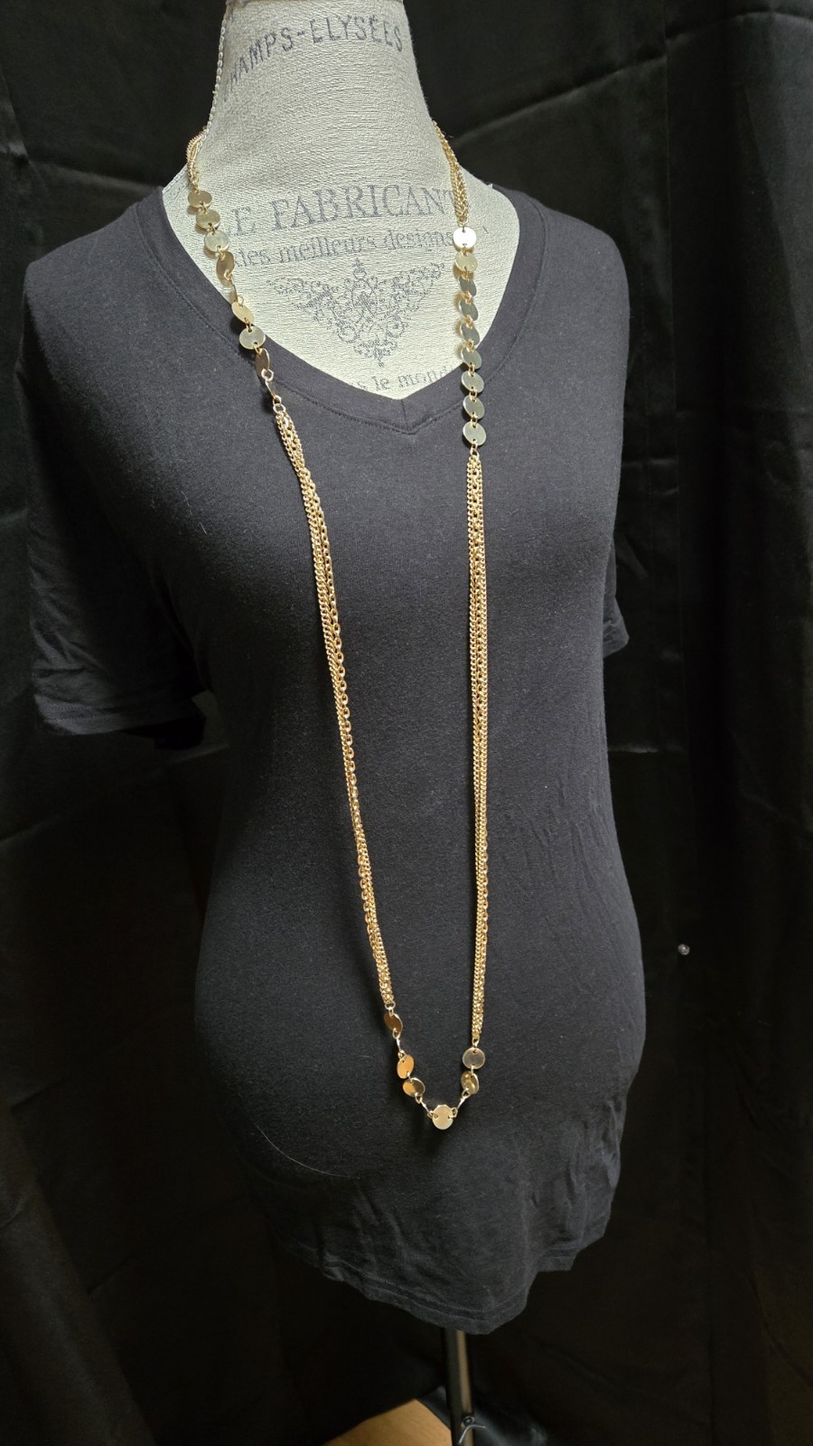 Goldtone Three Strand Long Chain 54″With Round Discs