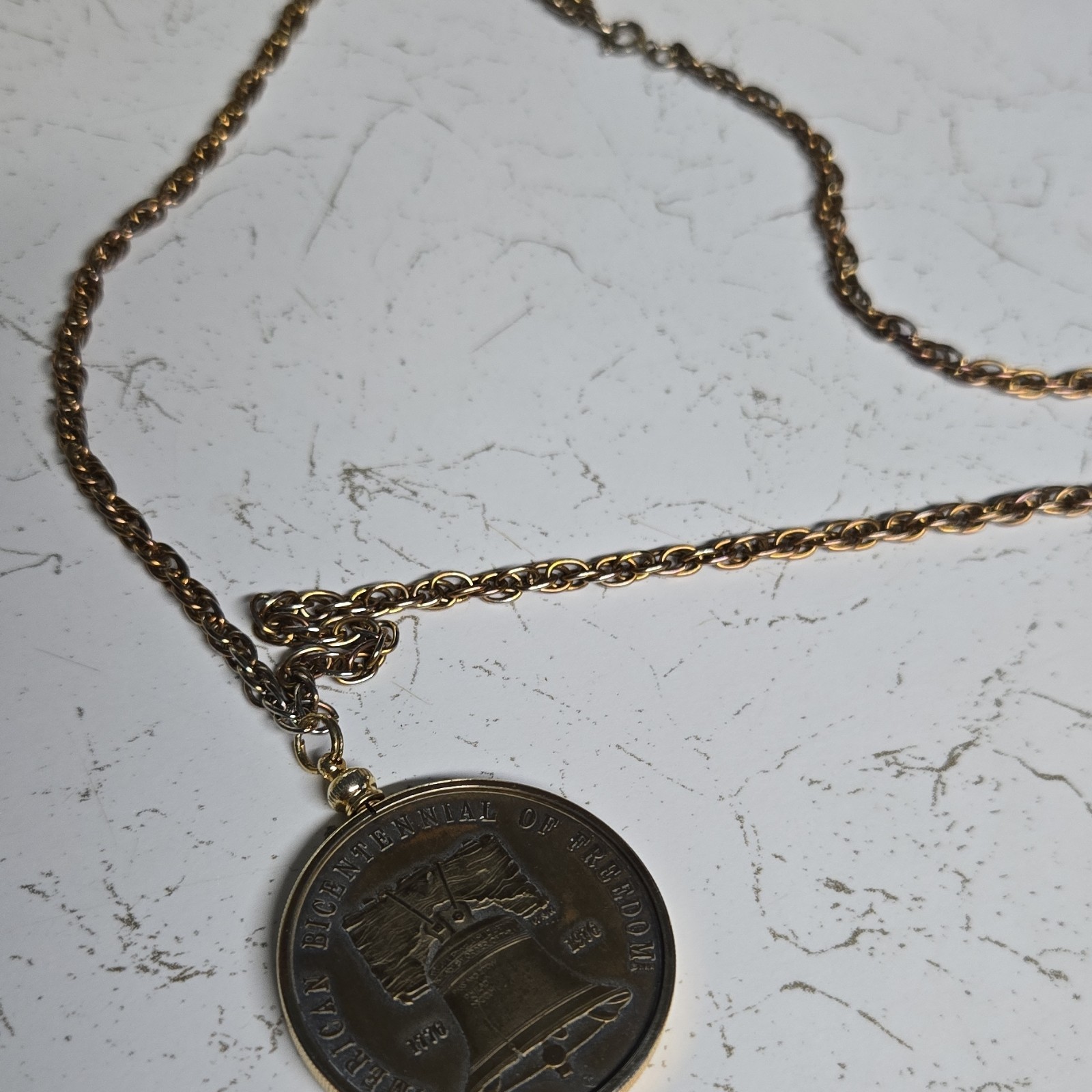 Gold Tone Metal Cable Chain Necklace w/ Round Coin Medallion Pendant