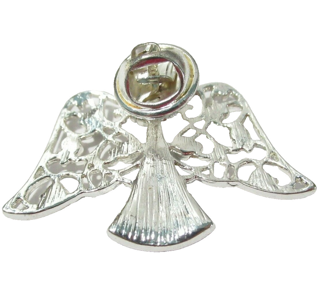 CHRISTMAS LAPEL STYLE PIN ANGEL OPEN WORK SILVER TONE RHINESTONES