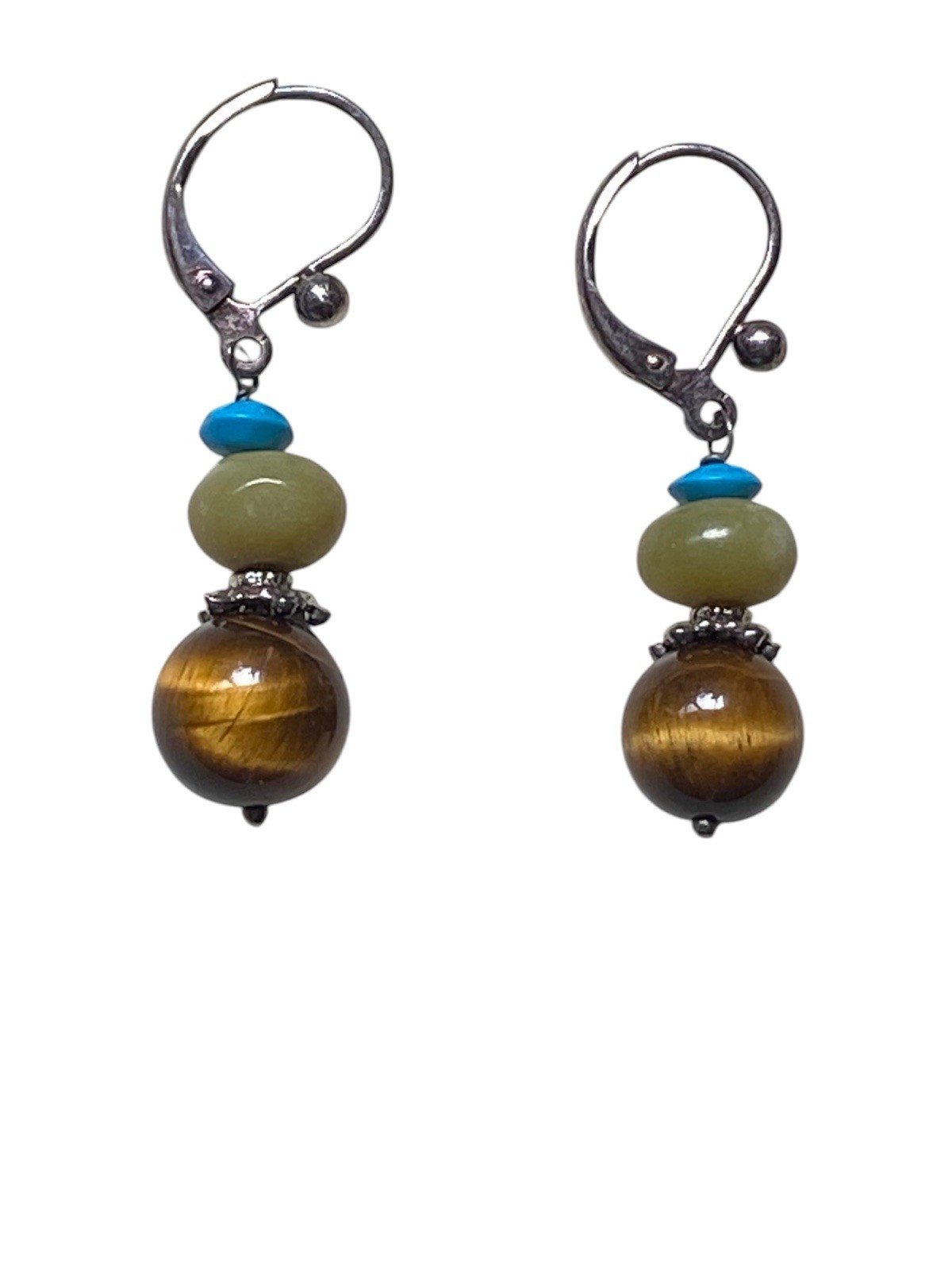 Vintage Tiger Eye Jade Turquoise Dangle Earrings Silver Leverback Drop Boho