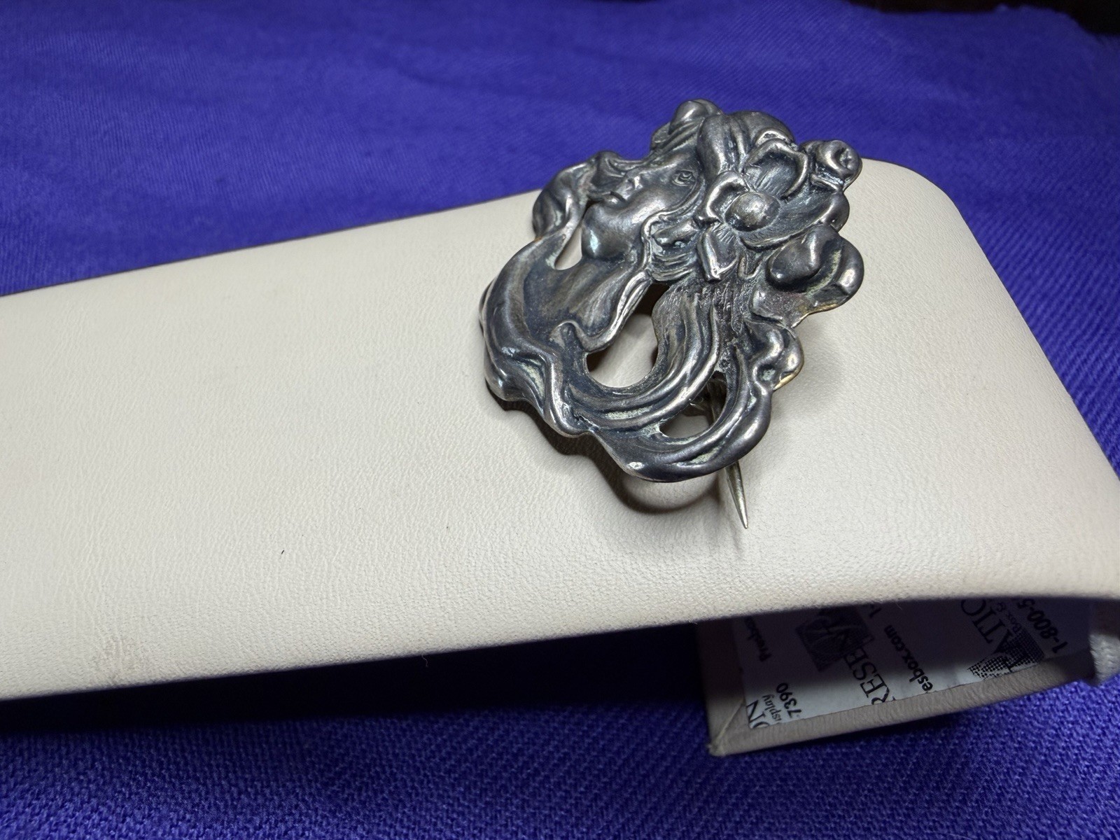 Antique Art Nouveau Sterling Top Lady Portrait Brooch Pin Floral Hair