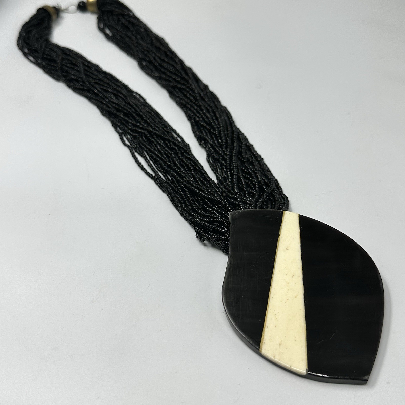 Vintage Black Multi Strand Beaded Statement Necklace Resin Pendant Tribal Collar