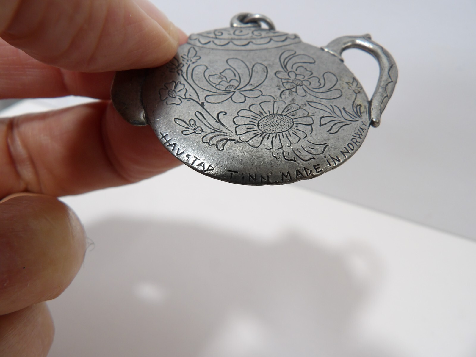 Vintage Havstad Tinn Signed Pewter Tea Pot Pendant Or Ornament ~ Made In Norway