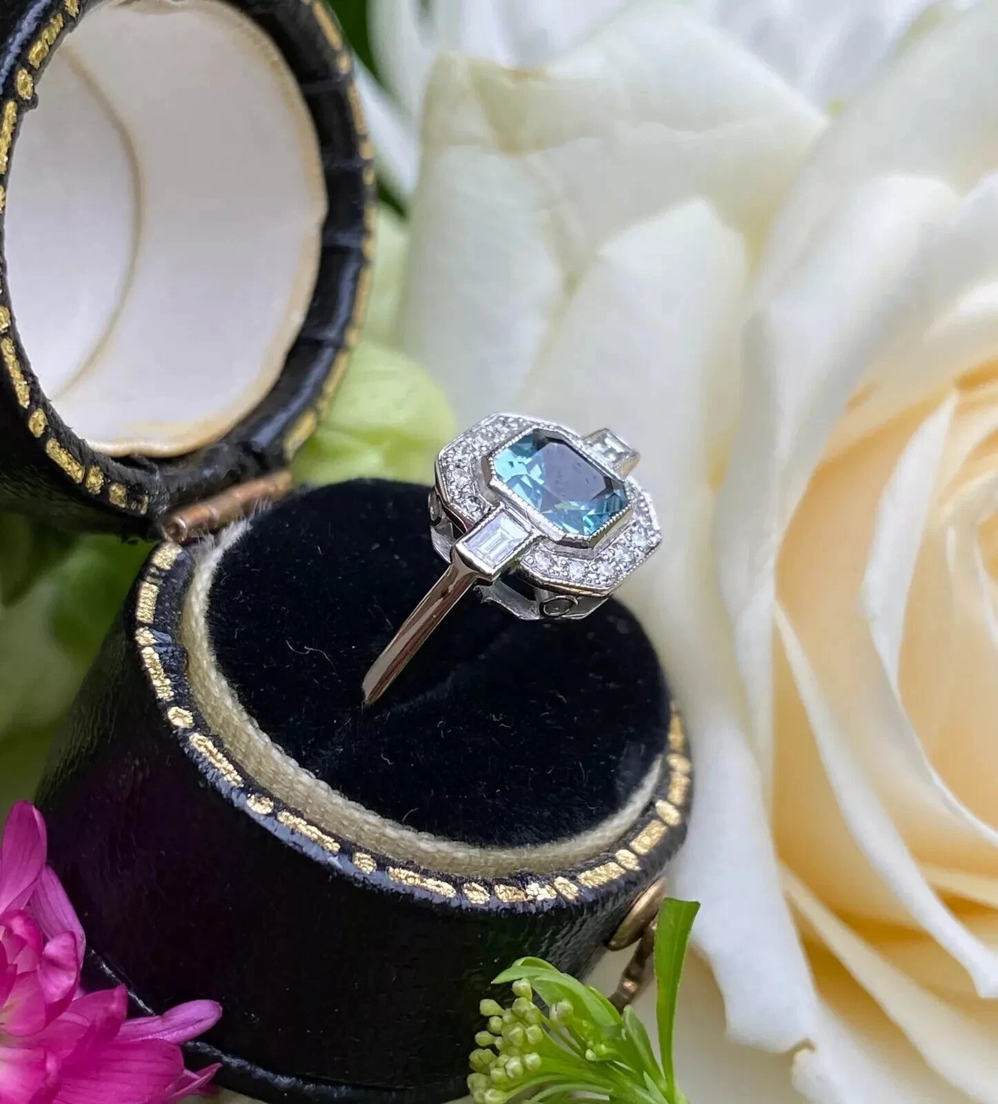 Art Deco 2.55Ct Aquamarine Lab Created Diamond Engagement 14K White Gold FN Ring