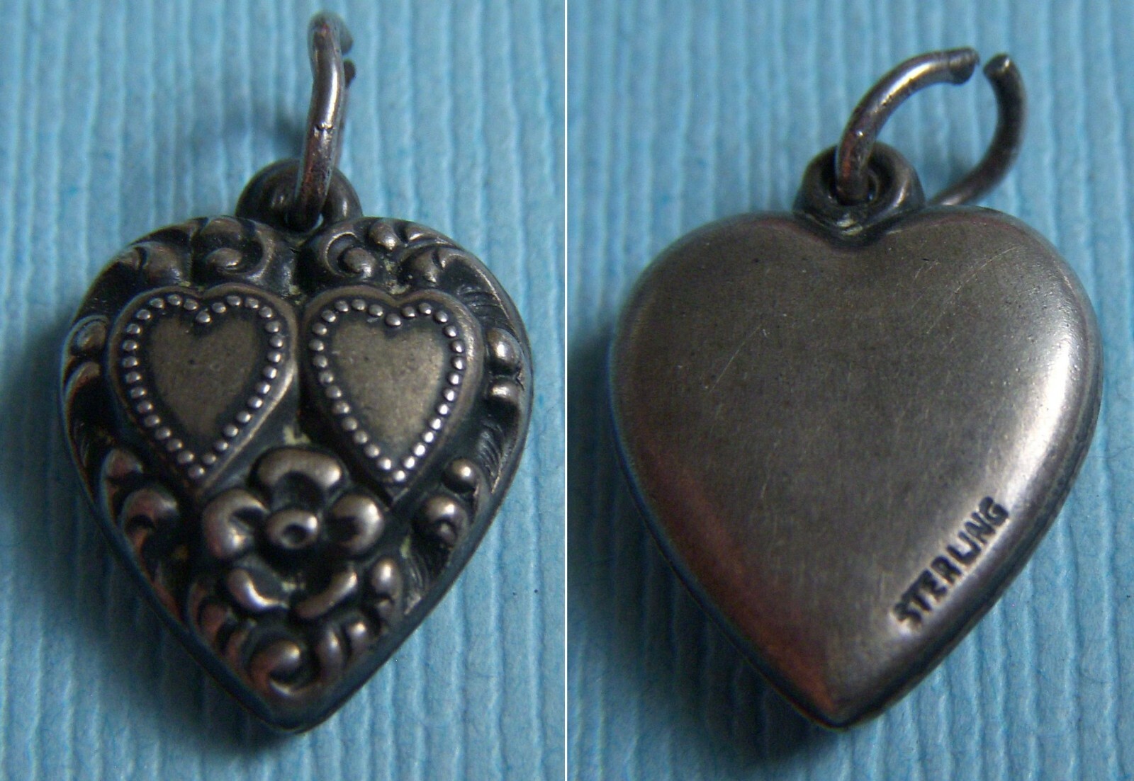 Vintage two hearts and flower puffy heart sterling charm
