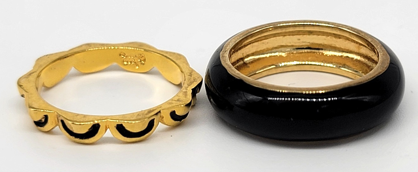 Gold Tone Ring Set Lot of 2 Size 5 Black Enamel Band Stackable Toe Rings Shiny!