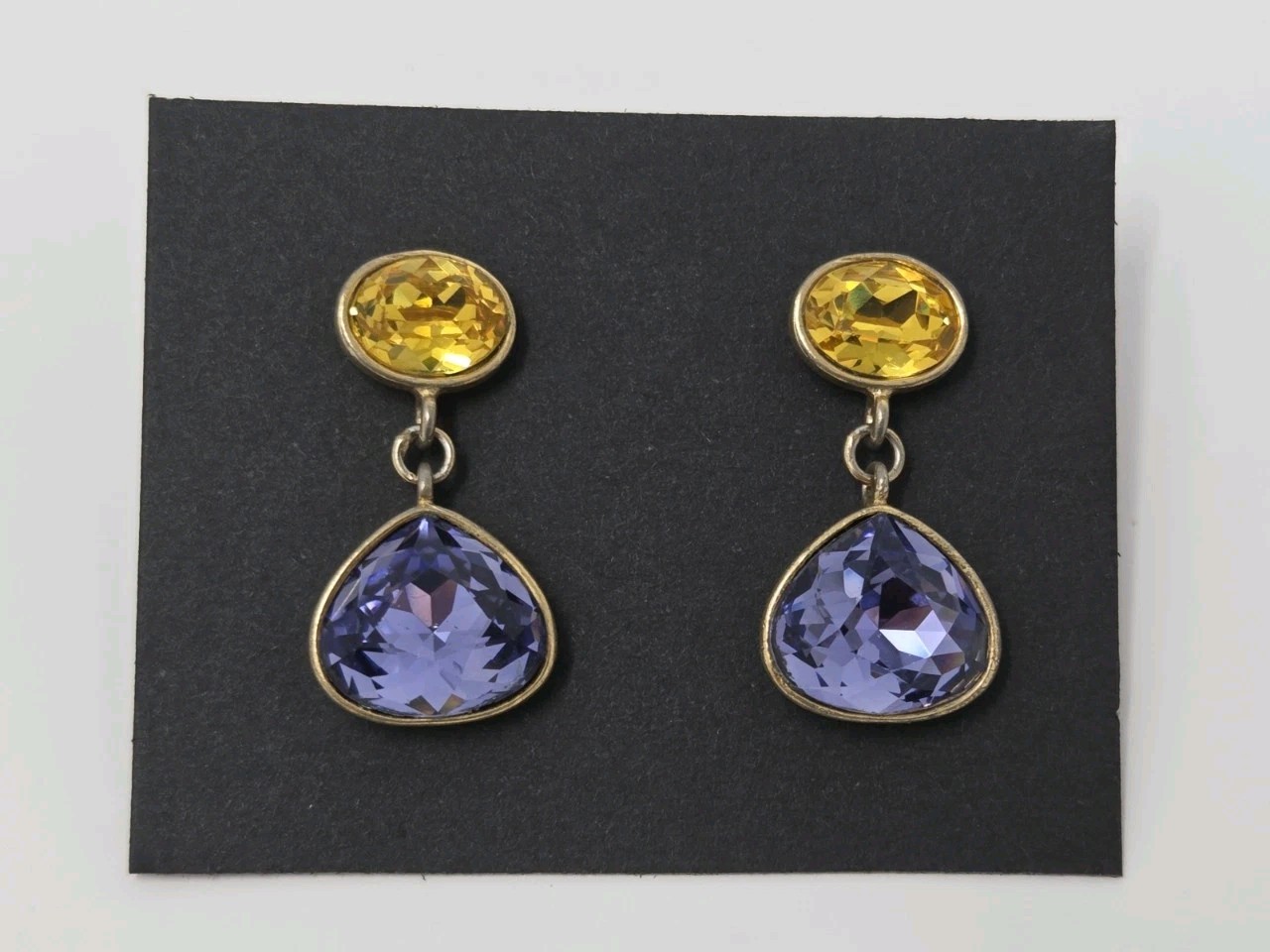 Purple & Yellow Crystal Dangle Drop Earrings Vintage Teardrop Unsigned .9″