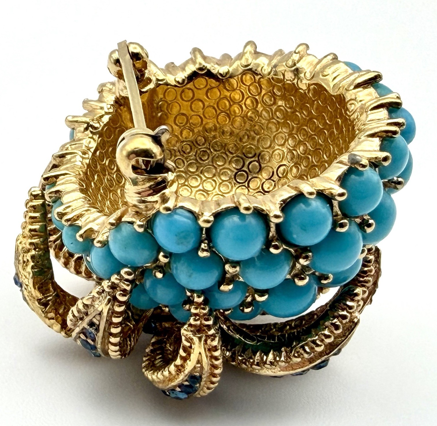 CINER Pineapple Brooch Faux Turquoise Cabochon Rhinestone Gold Tone Signed Vtg