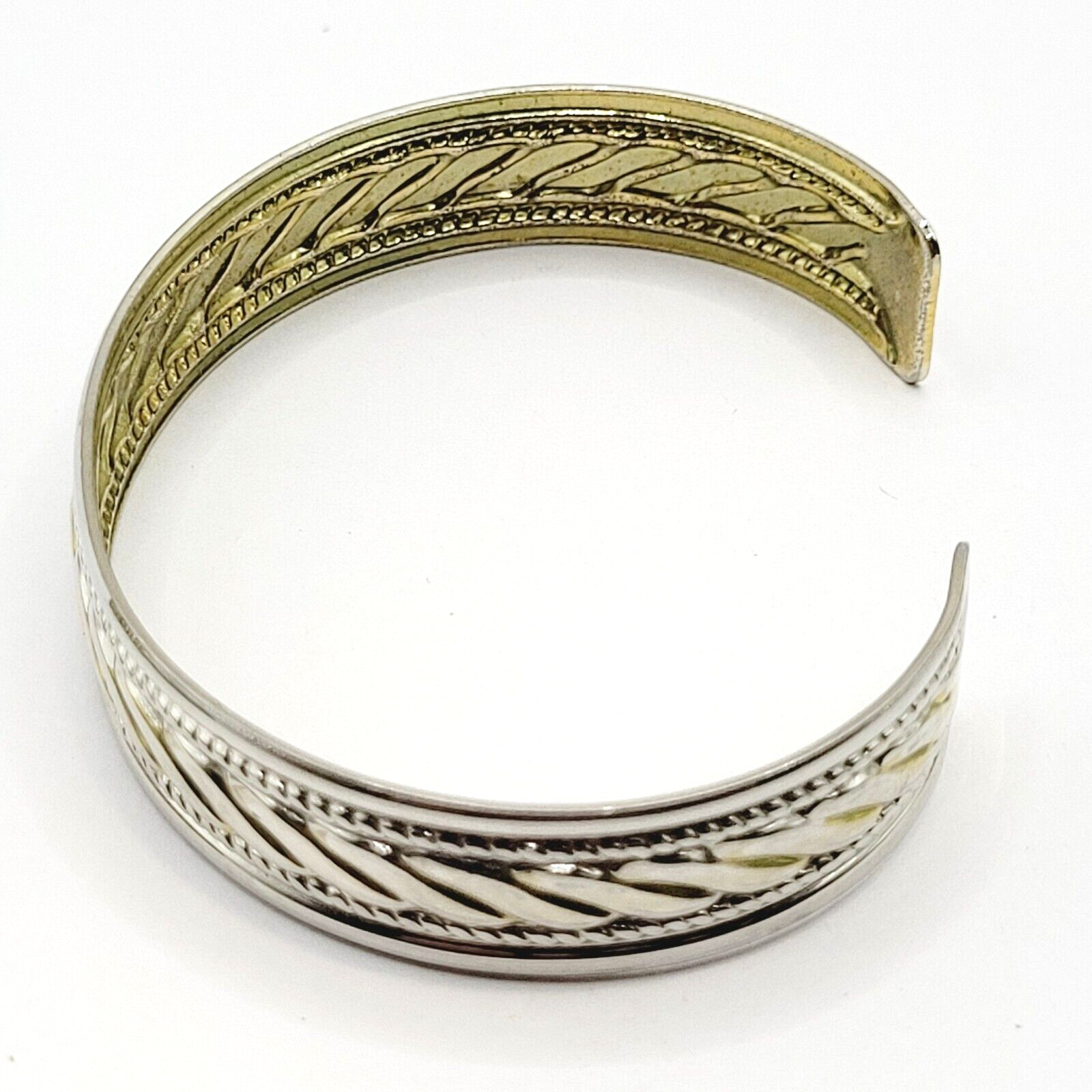 Two Vintage Metal Cuff Bracelets 1 Brass & 1 Silver Tone Patterned Tarnished