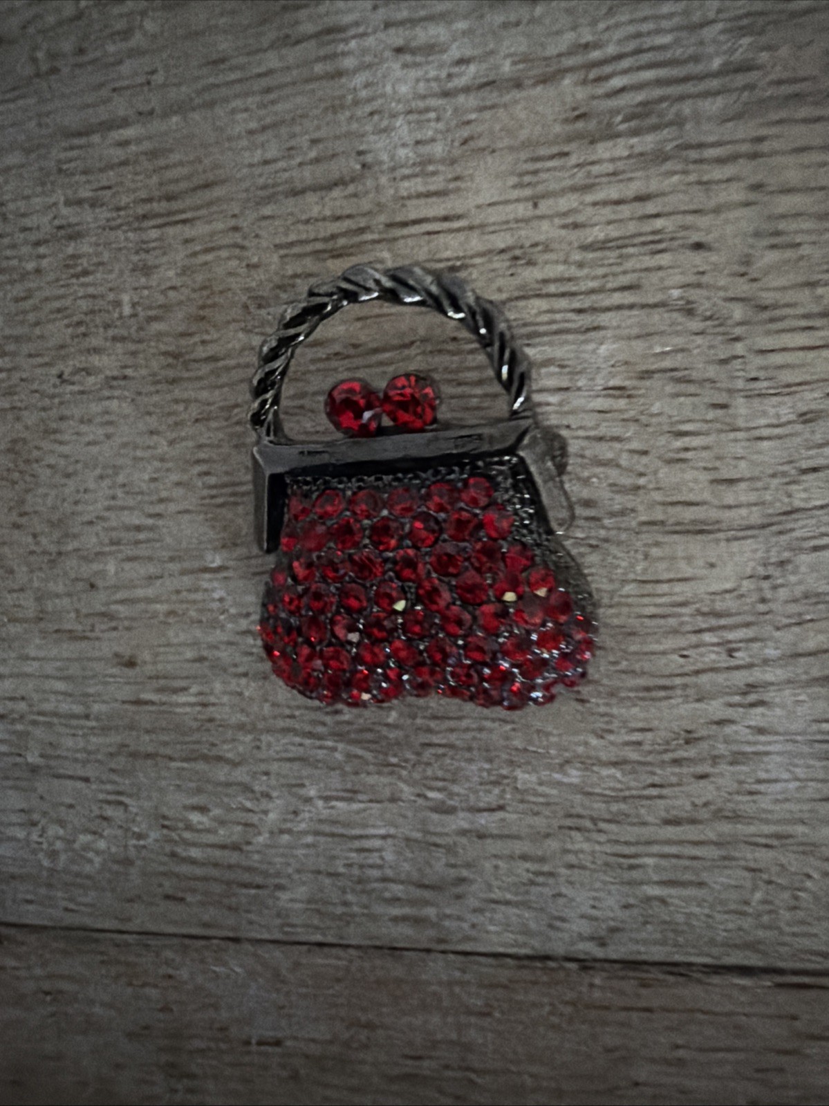 Gunmetal Silver Tone Red Rhinestone Mini Purse Small Brooch Pin Vintage 1 Inch