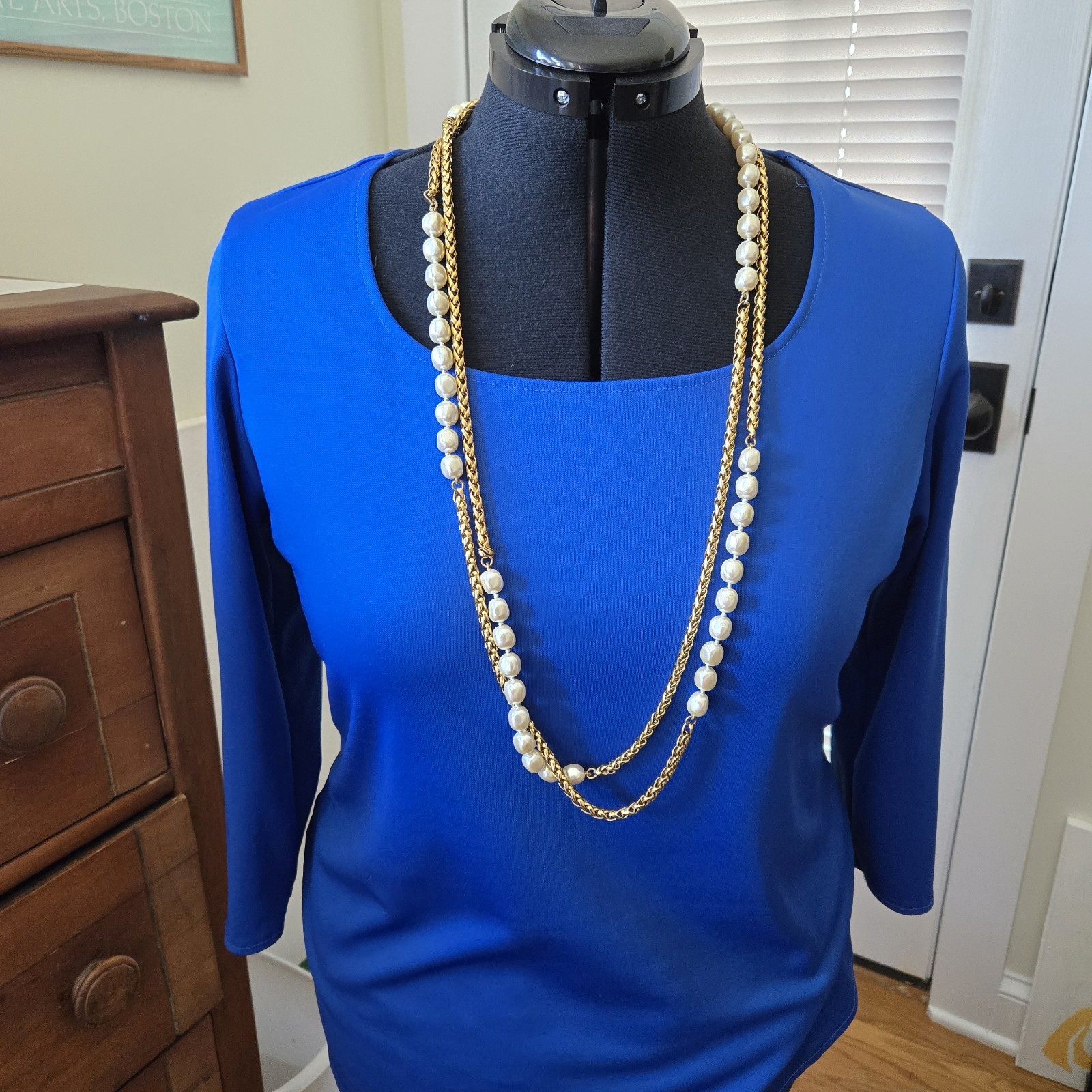 Very Long Endless Pearl and Gold spiga wheat Chain Necklace 80″