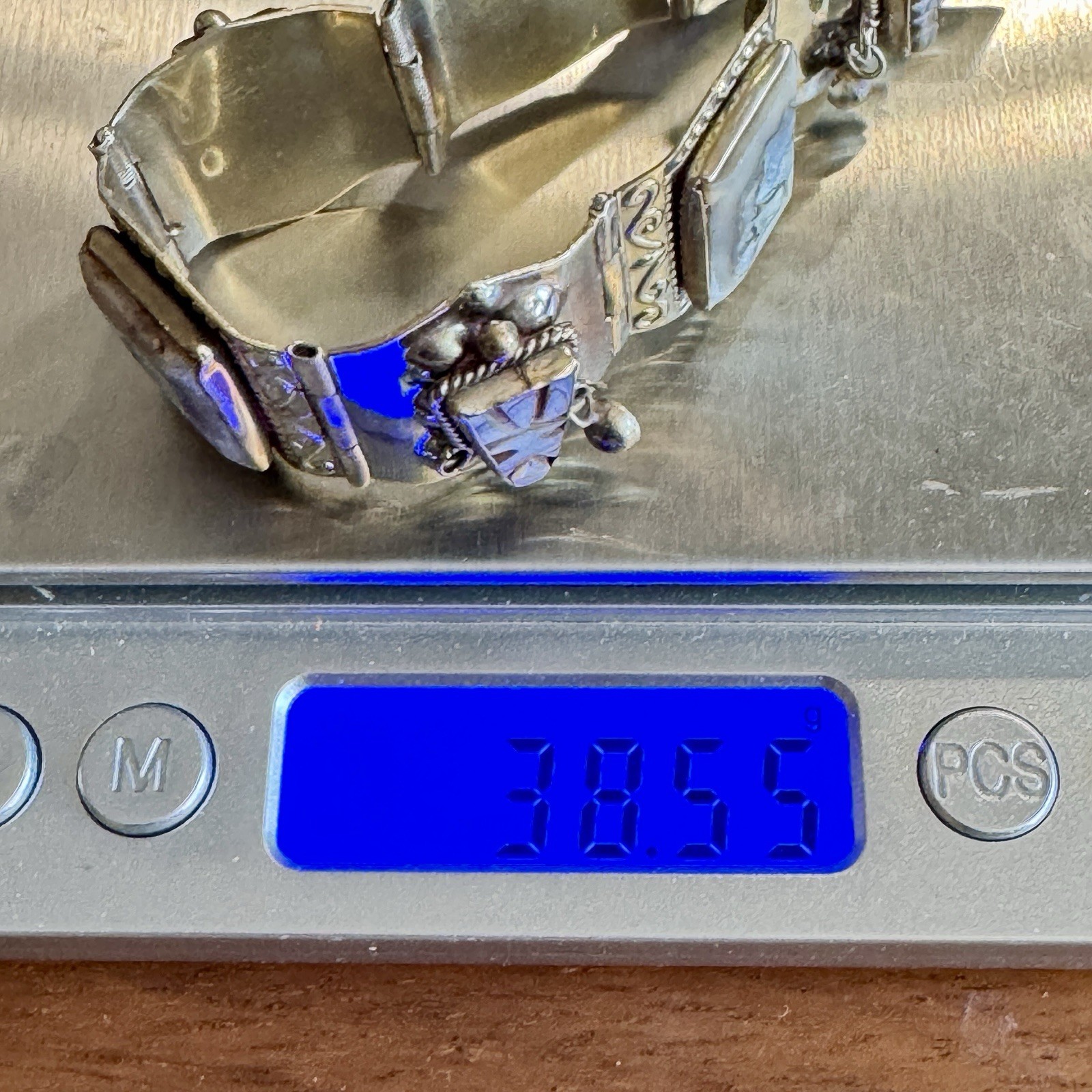 Vintage Mexico JZ Alpaca Silver Abalone Panel Bracelet Tribal Boho 7.25”